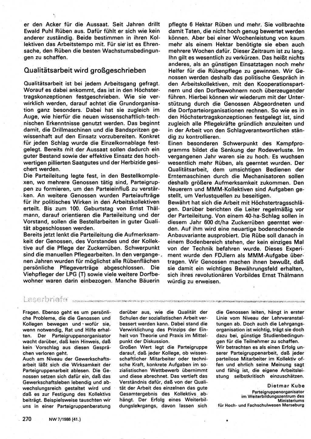 Neuer Weg (NW), Organ des Zentralkomitees (ZK) der SED (Sozialistische Einheitspartei Deutschlands) für Fragen des Parteilebens, 41. Jahrgang [Deutsche Demokratische Republik (DDR)] 1986, Seite 270 (NW ZK SED DDR 1986, S. 270)