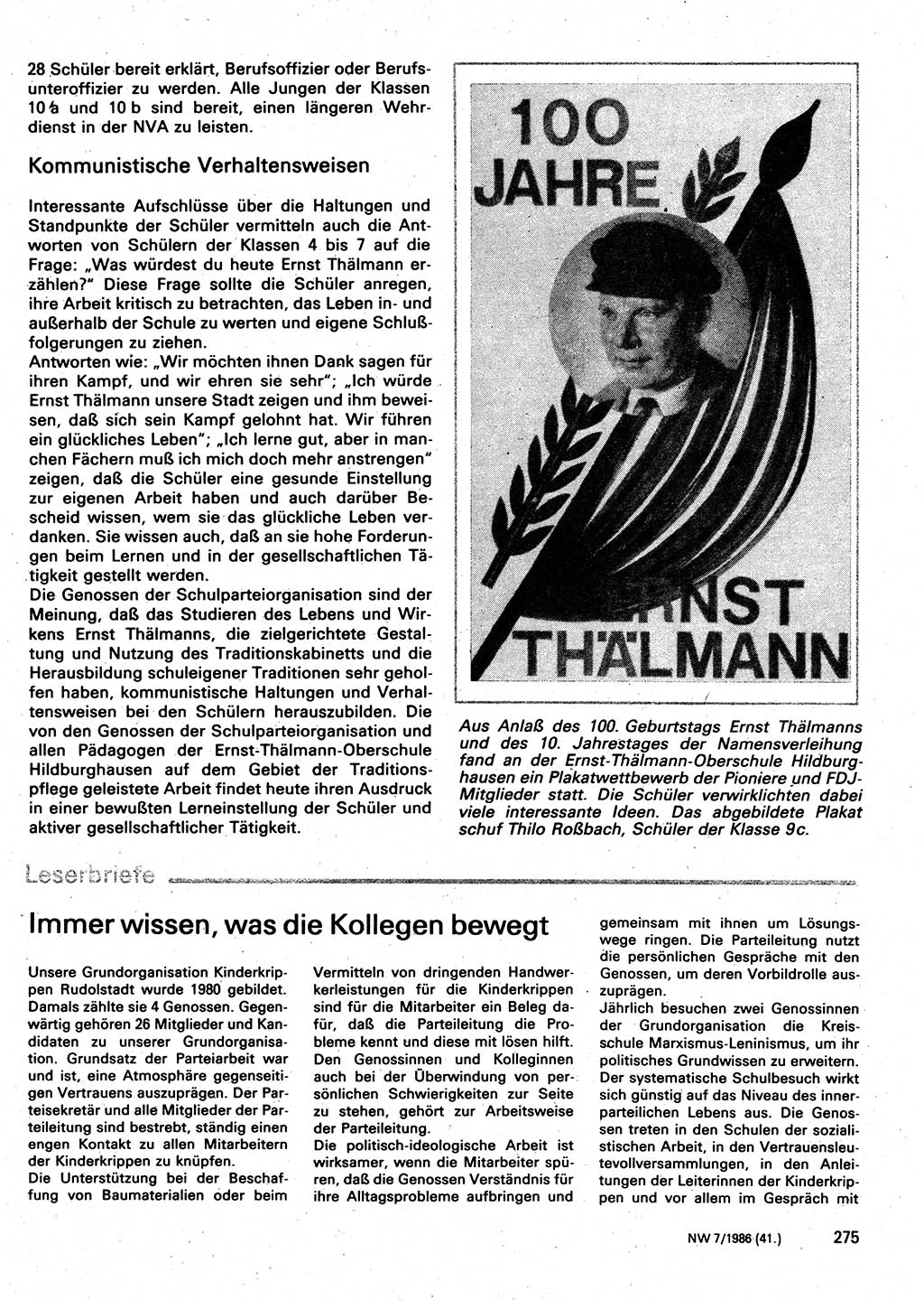 Neuer Weg (NW), Organ des Zentralkomitees (ZK) der SED (Sozialistische Einheitspartei Deutschlands) für Fragen des Parteilebens, 41. Jahrgang [Deutsche Demokratische Republik (DDR)] 1986, Seite 275 (NW ZK SED DDR 1986, S. 275)