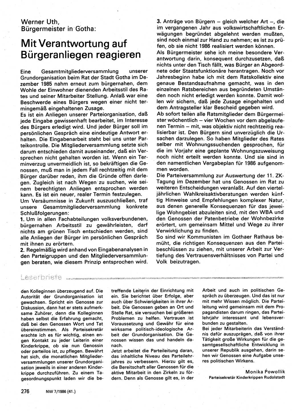 Neuer Weg (NW), Organ des Zentralkomitees (ZK) der SED (Sozialistische Einheitspartei Deutschlands) für Fragen des Parteilebens, 41. Jahrgang [Deutsche Demokratische Republik (DDR)] 1986, Seite 276 (NW ZK SED DDR 1986, S. 276)