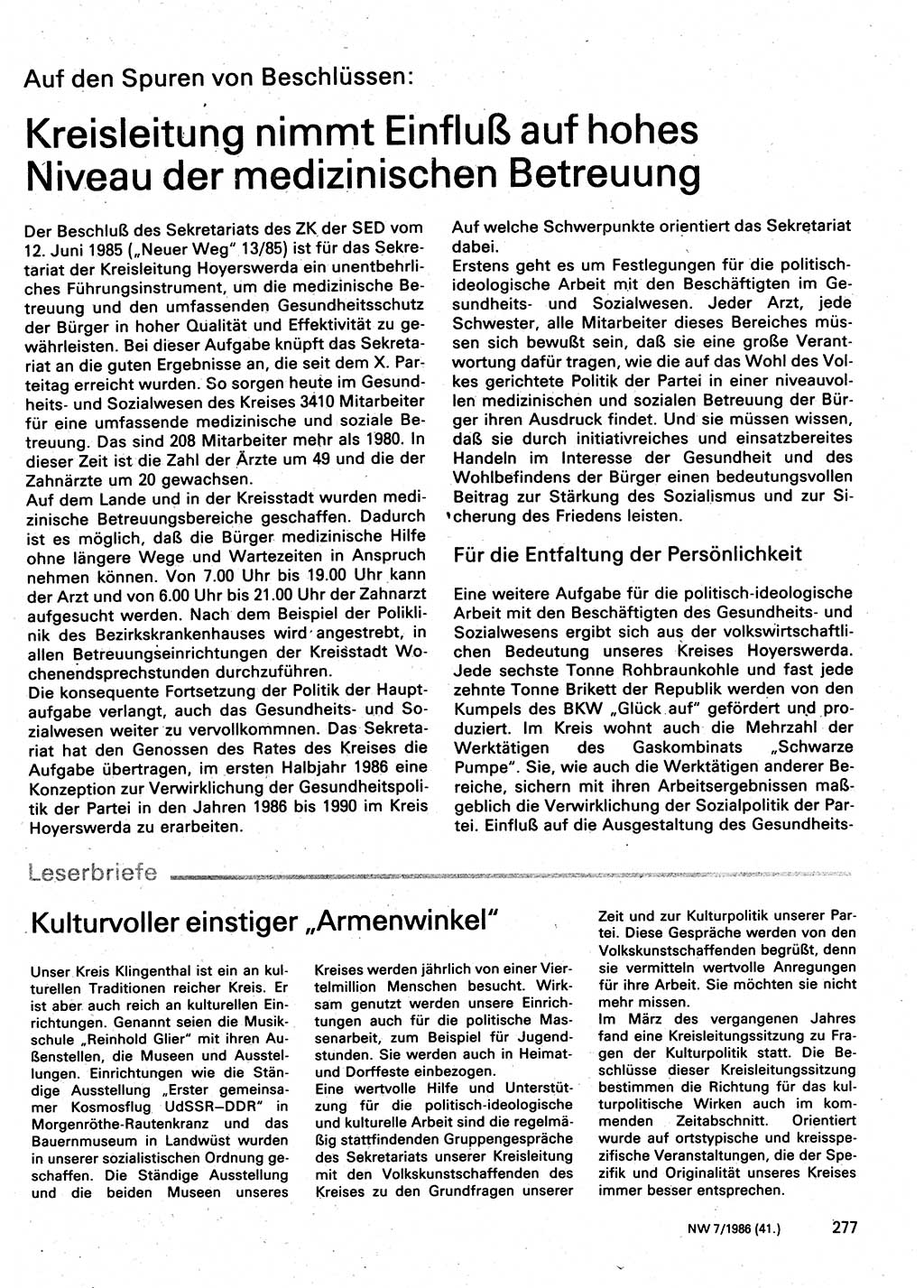 Neuer Weg (NW), Organ des Zentralkomitees (ZK) der SED (Sozialistische Einheitspartei Deutschlands) für Fragen des Parteilebens, 41. Jahrgang [Deutsche Demokratische Republik (DDR)] 1986, Seite 277 (NW ZK SED DDR 1986, S. 277)