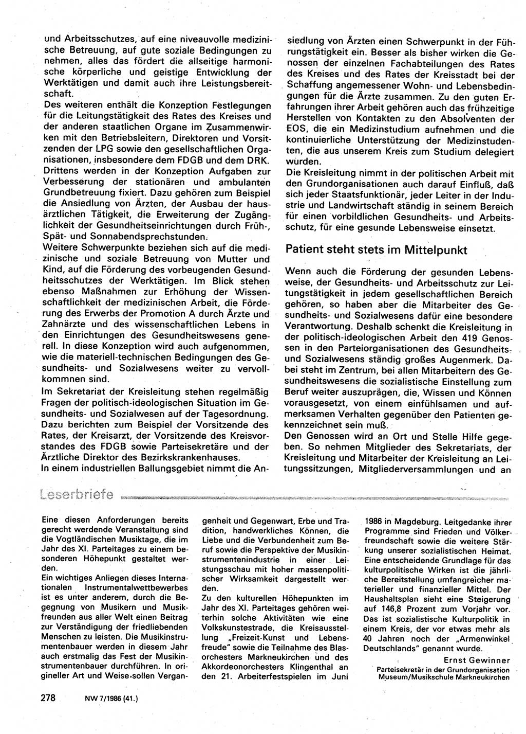 Neuer Weg (NW), Organ des Zentralkomitees (ZK) der SED (Sozialistische Einheitspartei Deutschlands) für Fragen des Parteilebens, 41. Jahrgang [Deutsche Demokratische Republik (DDR)] 1986, Seite 278 (NW ZK SED DDR 1986, S. 278)