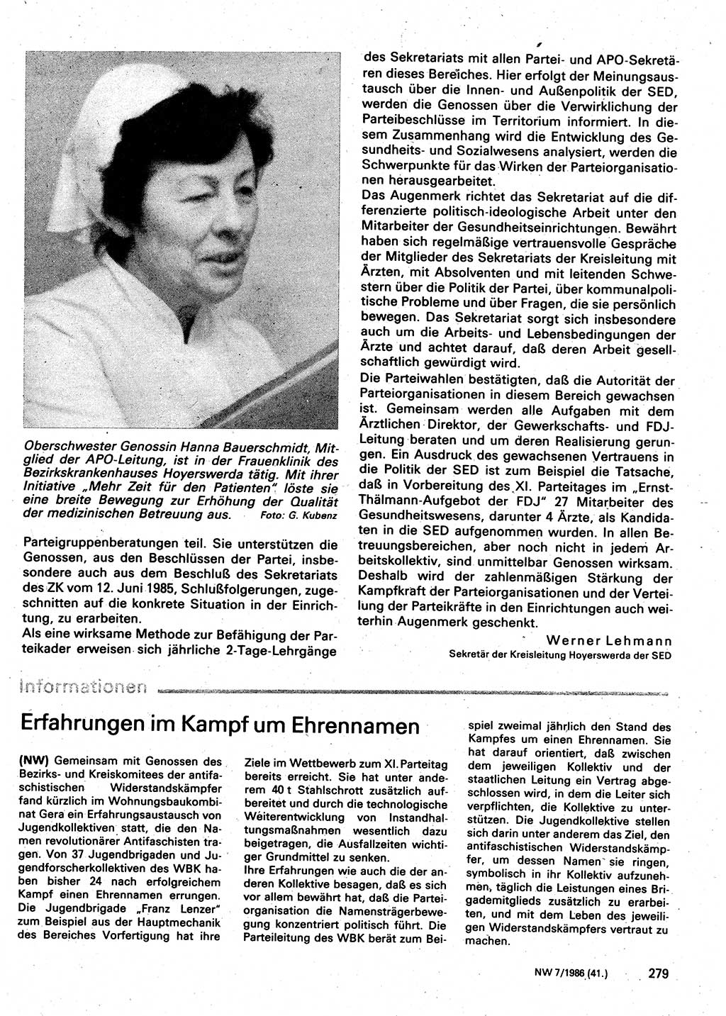 Neuer Weg (NW), Organ des Zentralkomitees (ZK) der SED (Sozialistische Einheitspartei Deutschlands) für Fragen des Parteilebens, 41. Jahrgang [Deutsche Demokratische Republik (DDR)] 1986, Seite 279 (NW ZK SED DDR 1986, S. 279)