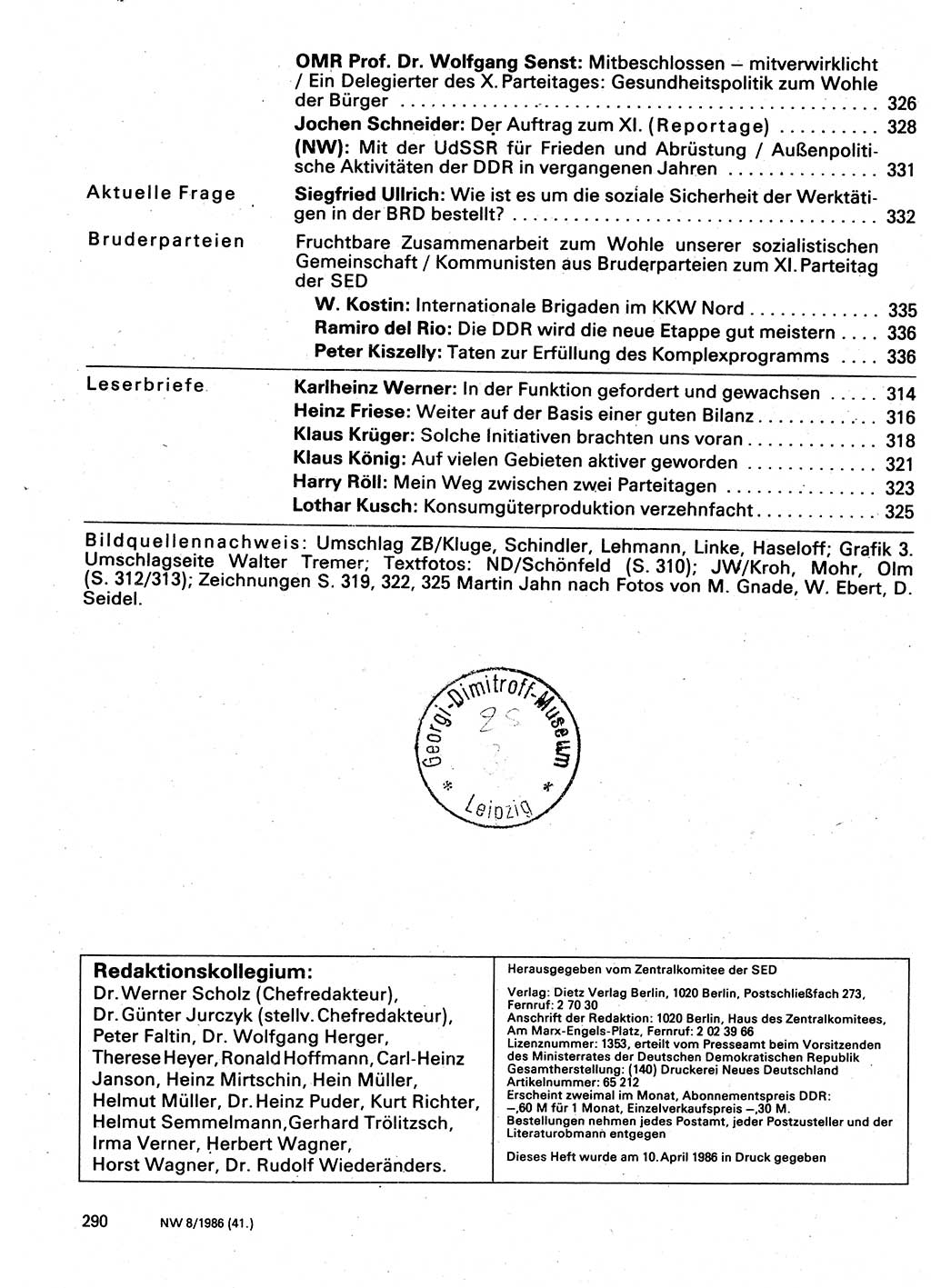 Neuer Weg (NW), Organ des Zentralkomitees (ZK) der SED (Sozialistische Einheitspartei Deutschlands) für Fragen des Parteilebens, 41. Jahrgang [Deutsche Demokratische Republik (DDR)] 1986, Seite 290 (NW ZK SED DDR 1986, S. 290)