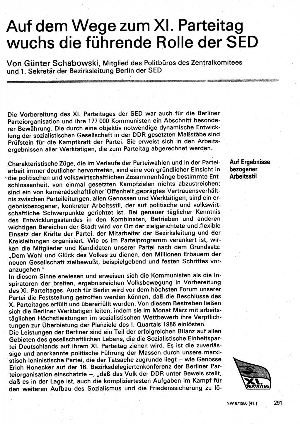 Neuer Weg (NW), Organ des Zentralkomitees (ZK) der SED (Sozialistische Einheitspartei Deutschlands) für Fragen des Parteilebens, 41. Jahrgang [Deutsche Demokratische Republik (DDR)] 1986, Seite 291 (NW ZK SED DDR 1986, S. 291)