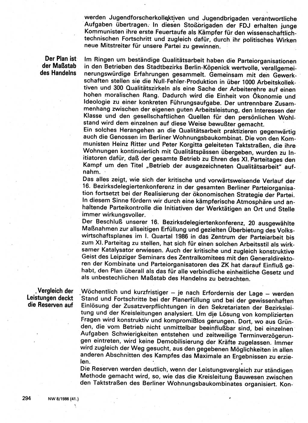 Neuer Weg (NW), Organ des Zentralkomitees (ZK) der SED (Sozialistische Einheitspartei Deutschlands) für Fragen des Parteilebens, 41. Jahrgang [Deutsche Demokratische Republik (DDR)] 1986, Seite 294 (NW ZK SED DDR 1986, S. 294)