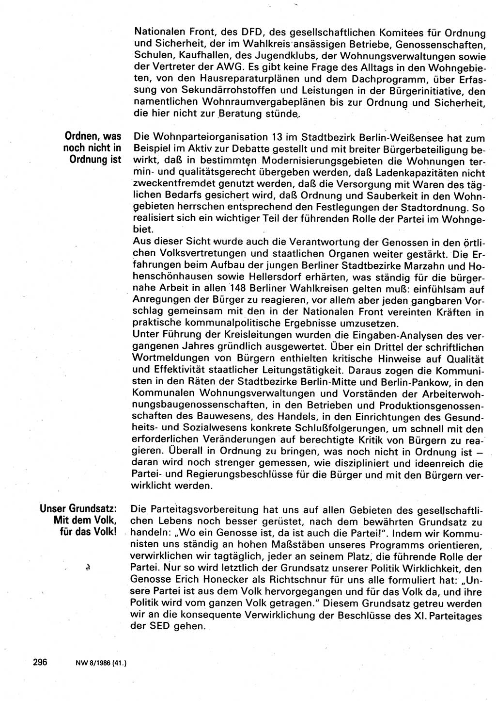 Neuer Weg (NW), Organ des Zentralkomitees (ZK) der SED (Sozialistische Einheitspartei Deutschlands) für Fragen des Parteilebens, 41. Jahrgang [Deutsche Demokratische Republik (DDR)] 1986, Seite 296 (NW ZK SED DDR 1986, S. 296)