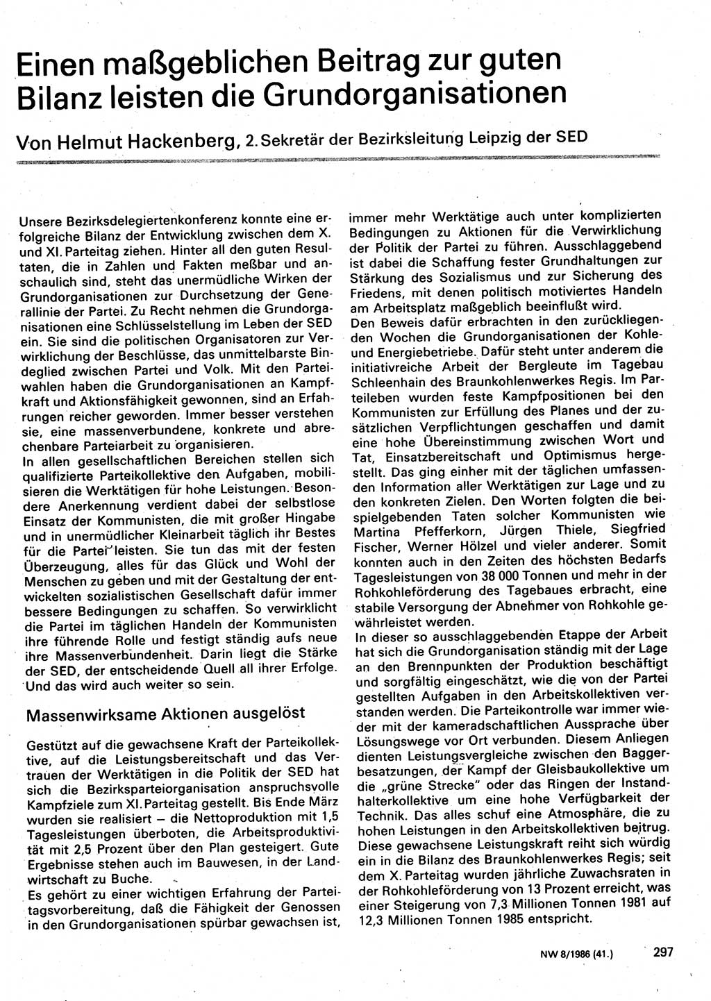 Neuer Weg (NW), Organ des Zentralkomitees (ZK) der SED (Sozialistische Einheitspartei Deutschlands) für Fragen des Parteilebens, 41. Jahrgang [Deutsche Demokratische Republik (DDR)] 1986, Seite 297 (NW ZK SED DDR 1986, S. 297)