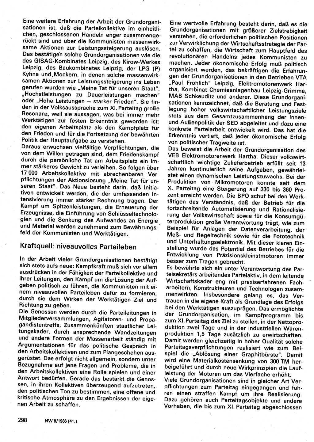 Neuer Weg (NW), Organ des Zentralkomitees (ZK) der SED (Sozialistische Einheitspartei Deutschlands) für Fragen des Parteilebens, 41. Jahrgang [Deutsche Demokratische Republik (DDR)] 1986, Seite 298 (NW ZK SED DDR 1986, S. 298)