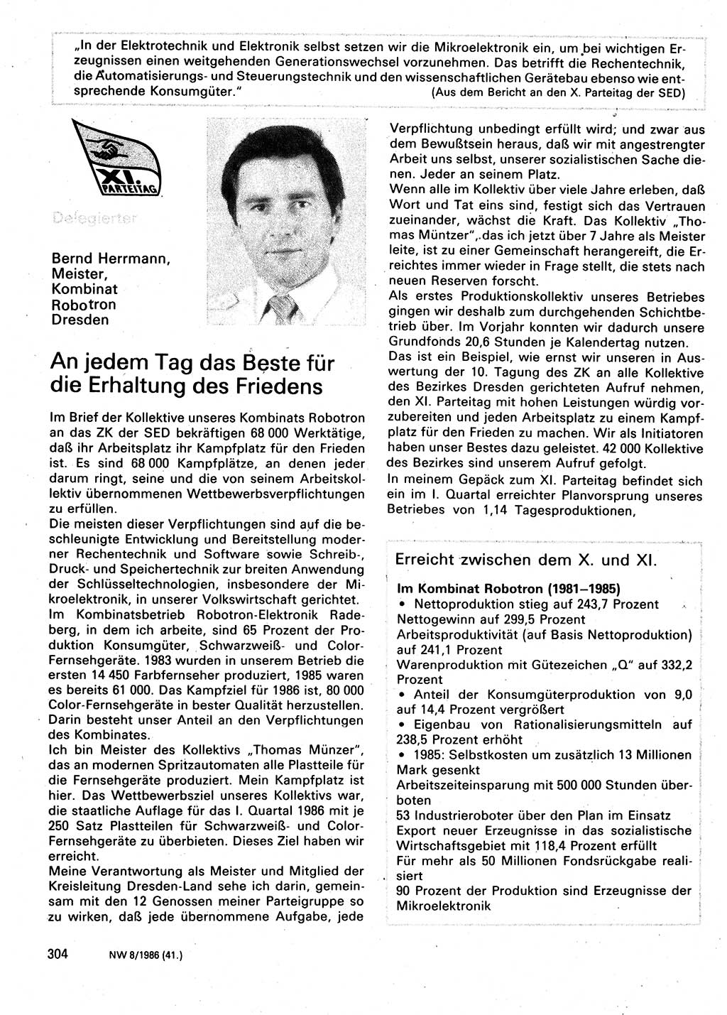 Neuer Weg (NW), Organ des Zentralkomitees (ZK) der SED (Sozialistische Einheitspartei Deutschlands) für Fragen des Parteilebens, 41. Jahrgang [Deutsche Demokratische Republik (DDR)] 1986, Seite 304 (NW ZK SED DDR 1986, S. 304)
