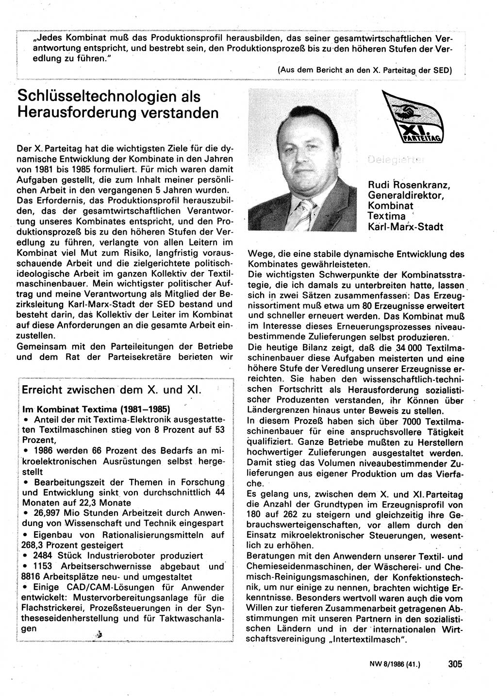 Neuer Weg (NW), Organ des Zentralkomitees (ZK) der SED (Sozialistische Einheitspartei Deutschlands) für Fragen des Parteilebens, 41. Jahrgang [Deutsche Demokratische Republik (DDR)] 1986, Seite 305 (NW ZK SED DDR 1986, S. 305)