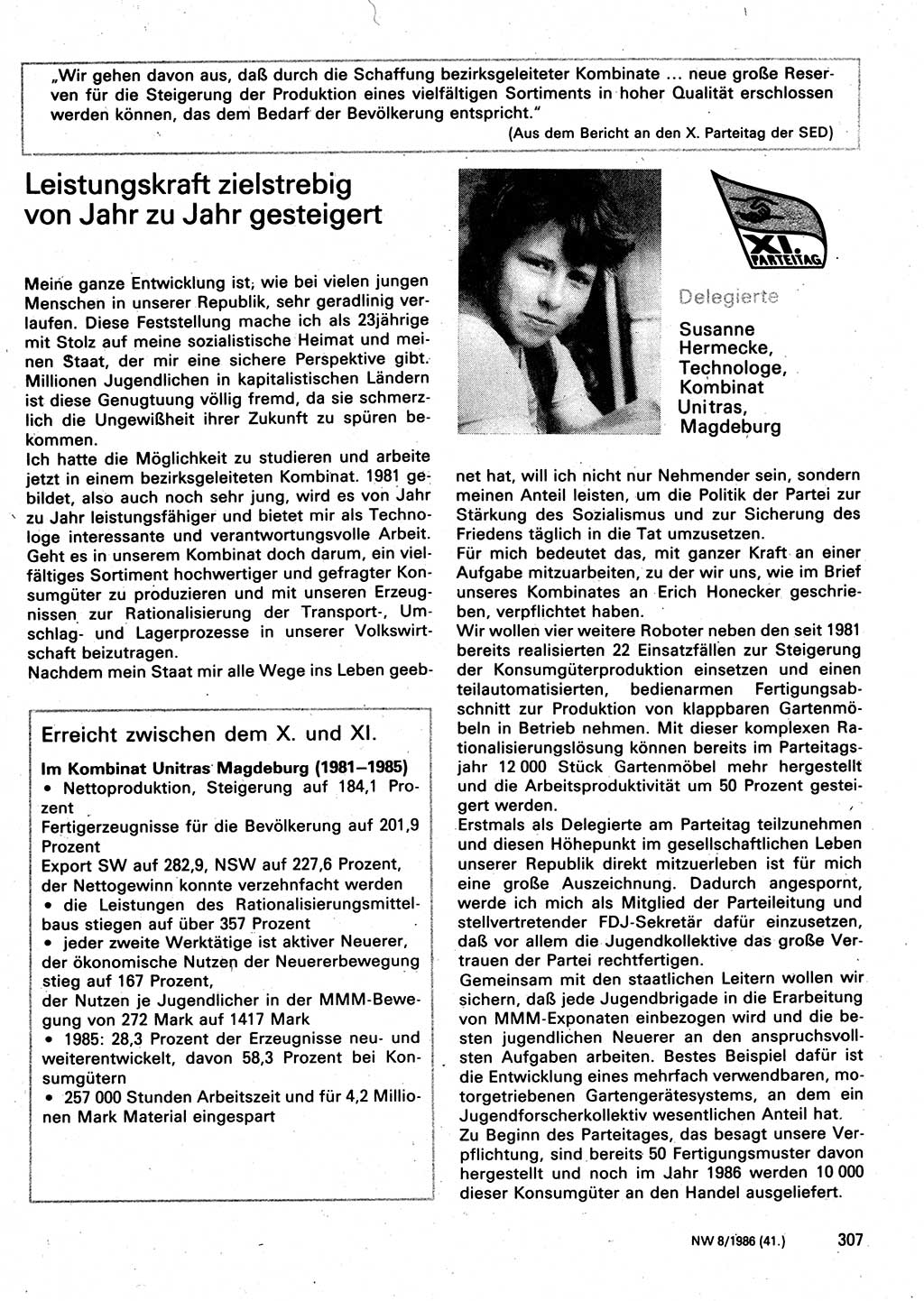 Neuer Weg (NW), Organ des Zentralkomitees (ZK) der SED (Sozialistische Einheitspartei Deutschlands) für Fragen des Parteilebens, 41. Jahrgang [Deutsche Demokratische Republik (DDR)] 1986, Seite 307 (NW ZK SED DDR 1986, S. 307)