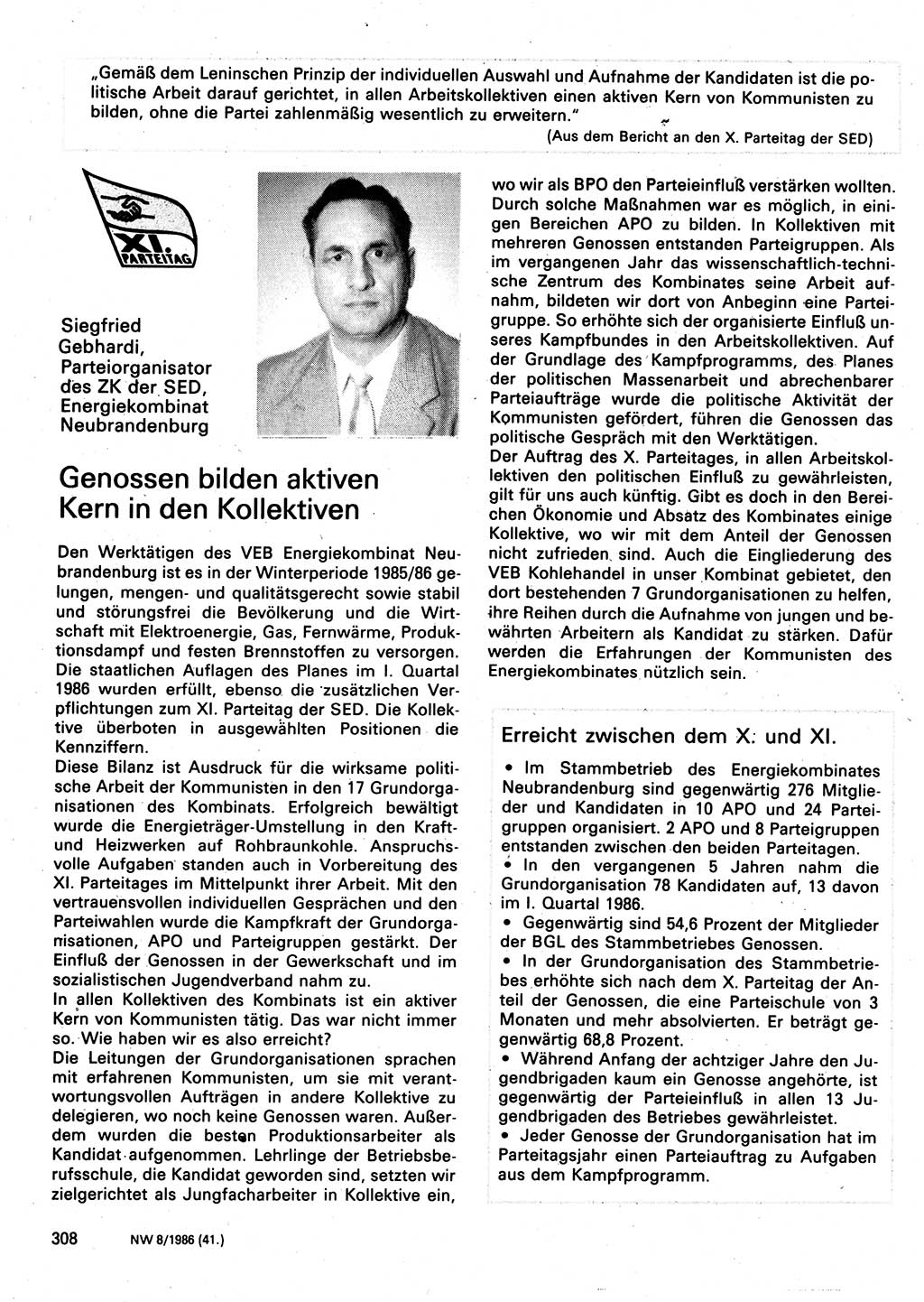 Neuer Weg (NW), Organ des Zentralkomitees (ZK) der SED (Sozialistische Einheitspartei Deutschlands) für Fragen des Parteilebens, 41. Jahrgang [Deutsche Demokratische Republik (DDR)] 1986, Seite 308 (NW ZK SED DDR 1986, S. 308)