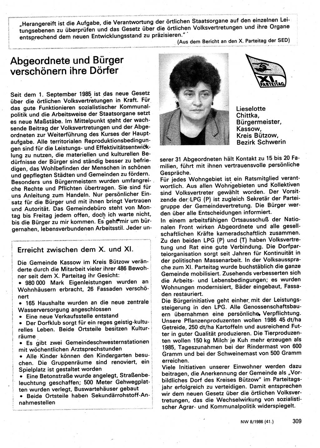 Neuer Weg (NW), Organ des Zentralkomitees (ZK) der SED (Sozialistische Einheitspartei Deutschlands) für Fragen des Parteilebens, 41. Jahrgang [Deutsche Demokratische Republik (DDR)] 1986, Seite 309 (NW ZK SED DDR 1986, S. 309)