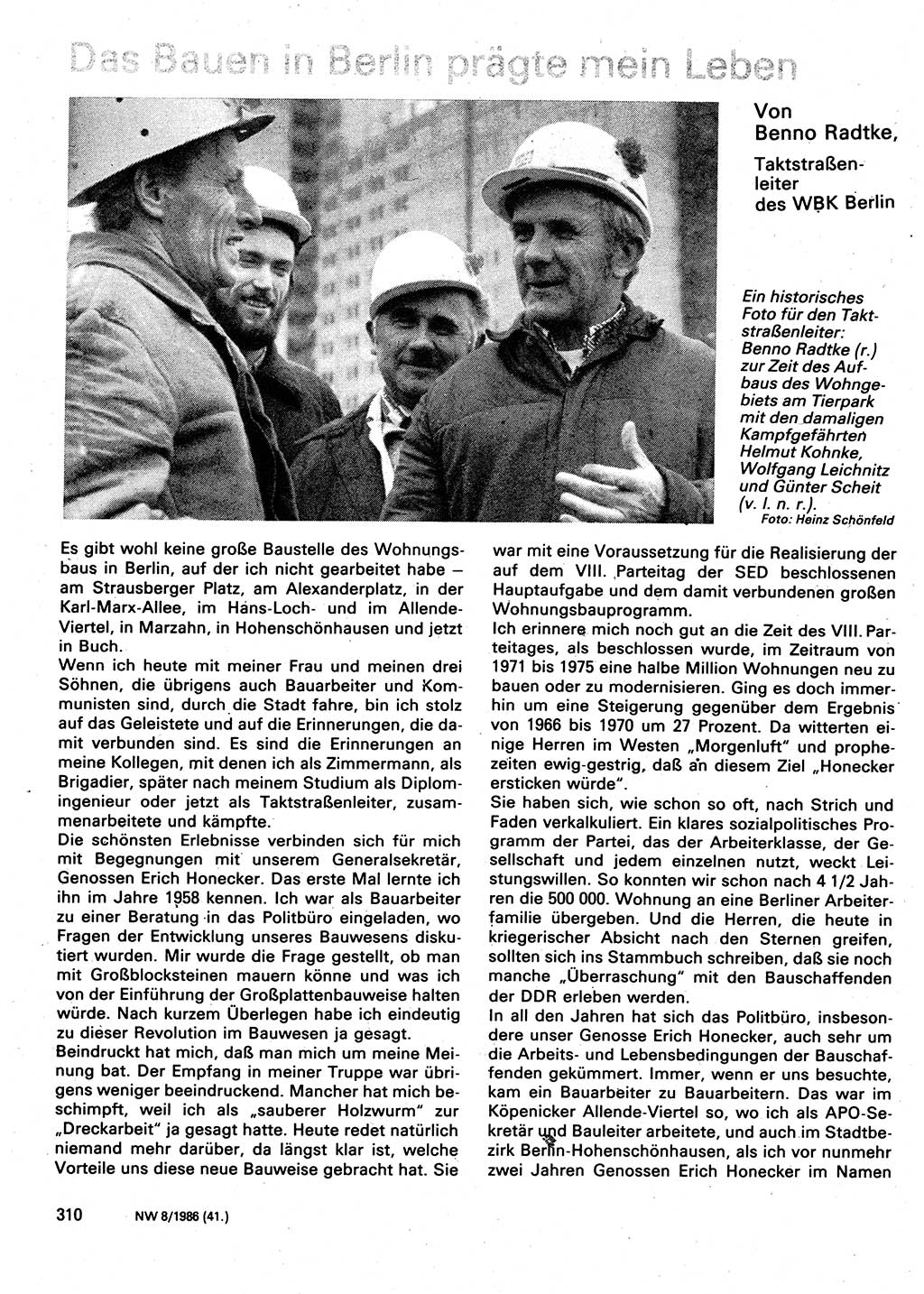 Neuer Weg (NW), Organ des Zentralkomitees (ZK) der SED (Sozialistische Einheitspartei Deutschlands) für Fragen des Parteilebens, 41. Jahrgang [Deutsche Demokratische Republik (DDR)] 1986, Seite 310 (NW ZK SED DDR 1986, S. 310)