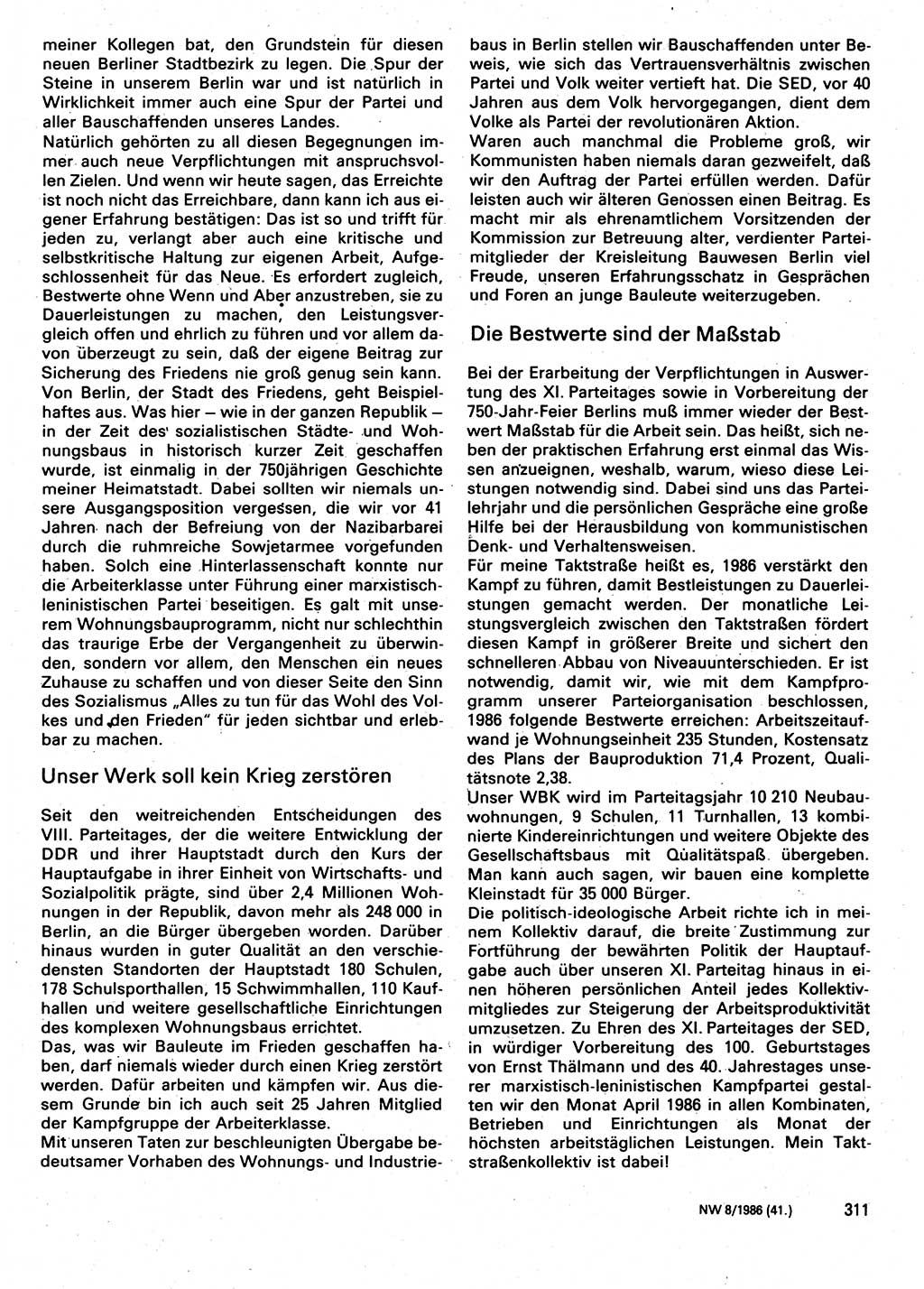 Neuer Weg (NW), Organ des Zentralkomitees (ZK) der SED (Sozialistische Einheitspartei Deutschlands) für Fragen des Parteilebens, 41. Jahrgang [Deutsche Demokratische Republik (DDR)] 1986, Seite 311 (NW ZK SED DDR 1986, S. 311)