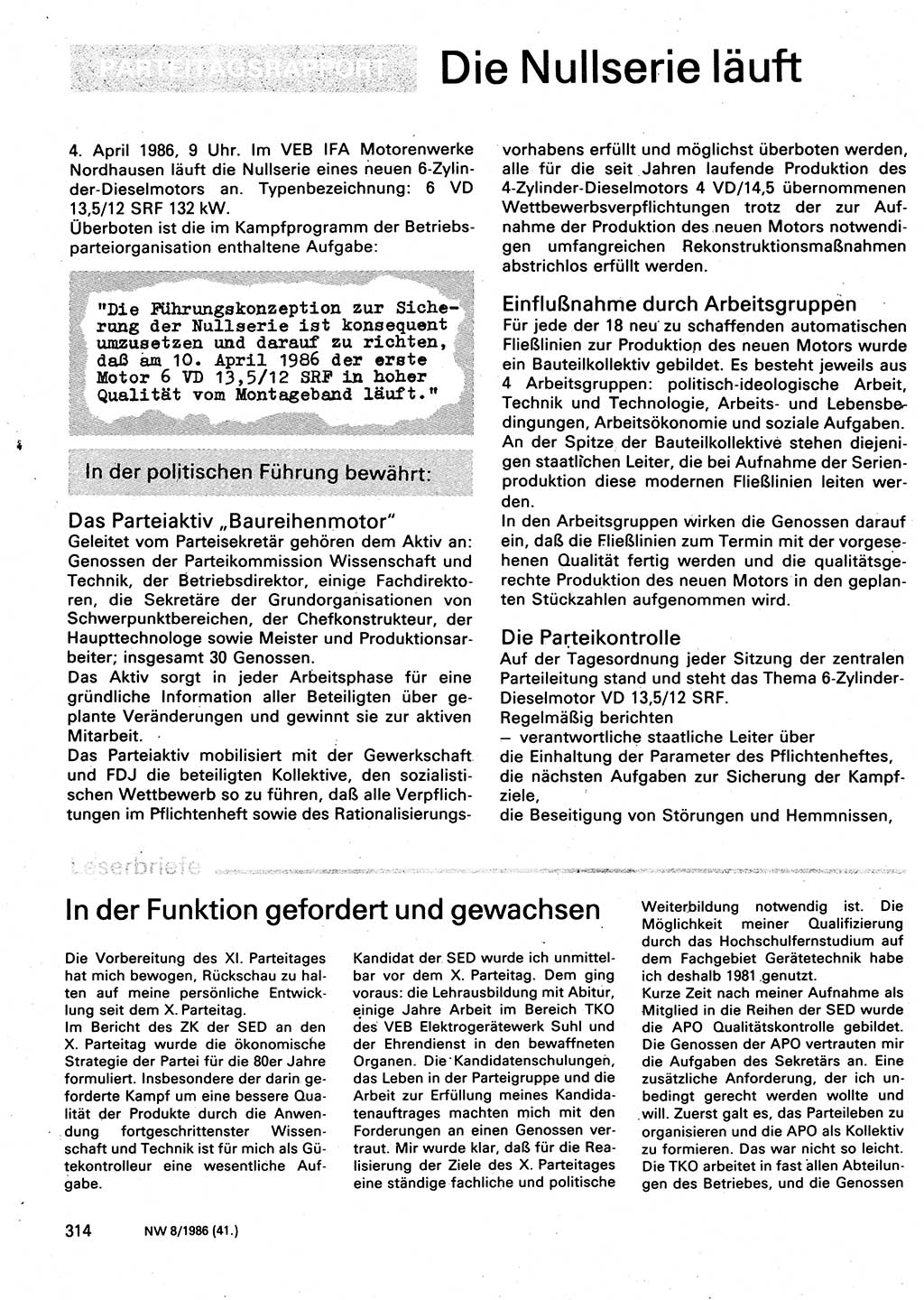 Neuer Weg (NW), Organ des Zentralkomitees (ZK) der SED (Sozialistische Einheitspartei Deutschlands) für Fragen des Parteilebens, 41. Jahrgang [Deutsche Demokratische Republik (DDR)] 1986, Seite 314 (NW ZK SED DDR 1986, S. 314)