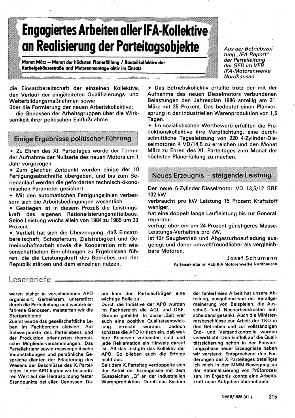 Neuer Weg (NW), Organ des Zentralkomitees (ZK) der SED (Sozialistische Einheitspartei Deutschlands) für Fragen des Parteilebens, 41. Jahrgang [Deutsche Demokratische Republik (DDR)] 1986, Seite 315 (NW ZK SED DDR 1986, S. 315)
