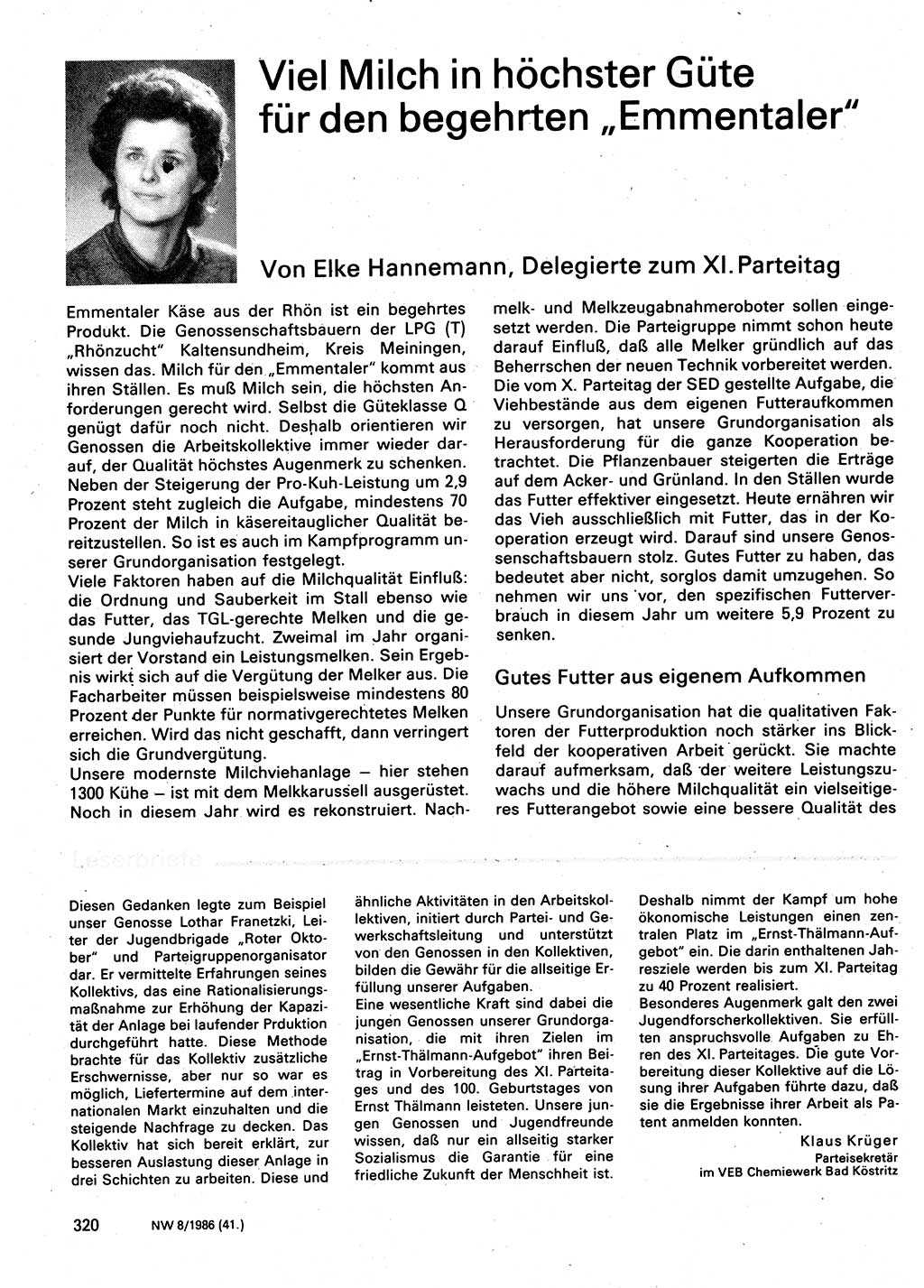 Neuer Weg (NW), Organ des Zentralkomitees (ZK) der SED (Sozialistische Einheitspartei Deutschlands) für Fragen des Parteilebens, 41. Jahrgang [Deutsche Demokratische Republik (DDR)] 1986, Seite 320 (NW ZK SED DDR 1986, S. 320)