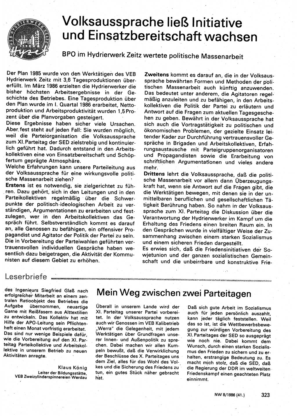 Neuer Weg (NW), Organ des Zentralkomitees (ZK) der SED (Sozialistische Einheitspartei Deutschlands) für Fragen des Parteilebens, 41. Jahrgang [Deutsche Demokratische Republik (DDR)] 1986, Seite 323 (NW ZK SED DDR 1986, S. 323)
