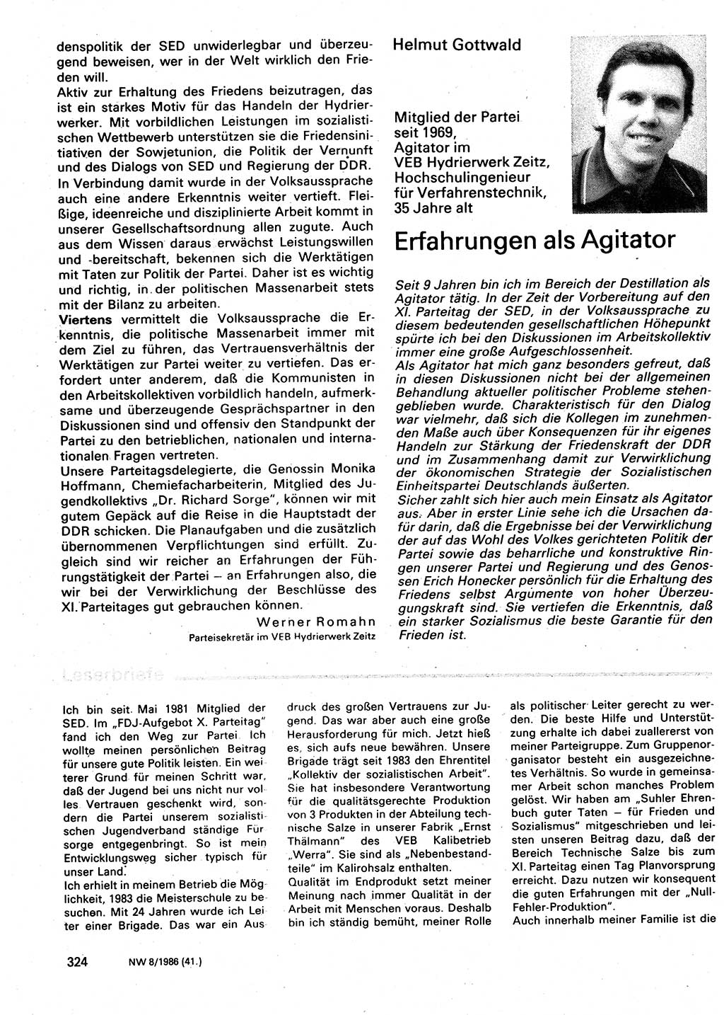 Neuer Weg (NW), Organ des Zentralkomitees (ZK) der SED (Sozialistische Einheitspartei Deutschlands) für Fragen des Parteilebens, 41. Jahrgang [Deutsche Demokratische Republik (DDR)] 1986, Seite 324 (NW ZK SED DDR 1986, S. 324)