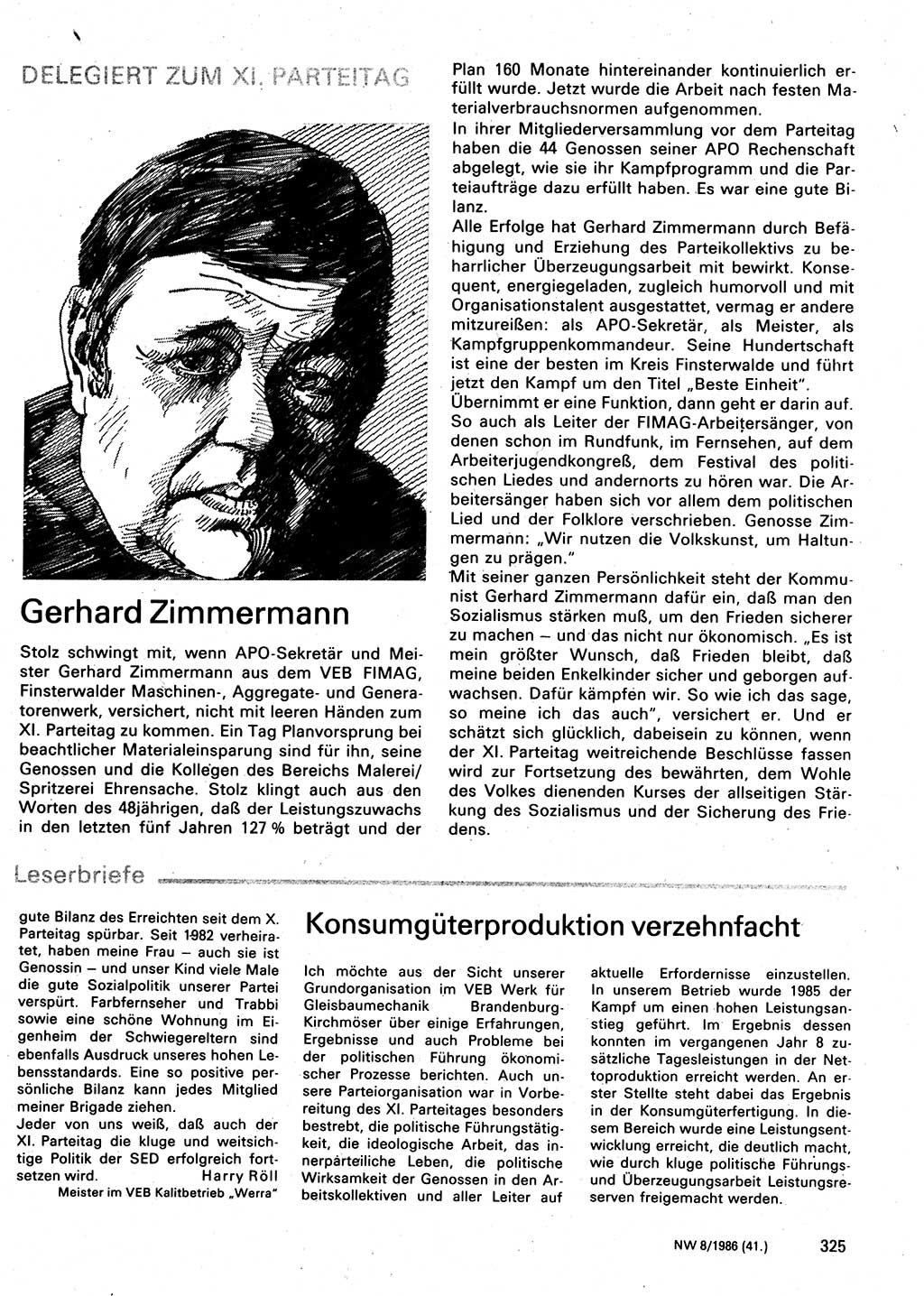 Neuer Weg (NW), Organ des Zentralkomitees (ZK) der SED (Sozialistische Einheitspartei Deutschlands) für Fragen des Parteilebens, 41. Jahrgang [Deutsche Demokratische Republik (DDR)] 1986, Seite 325 (NW ZK SED DDR 1986, S. 325)