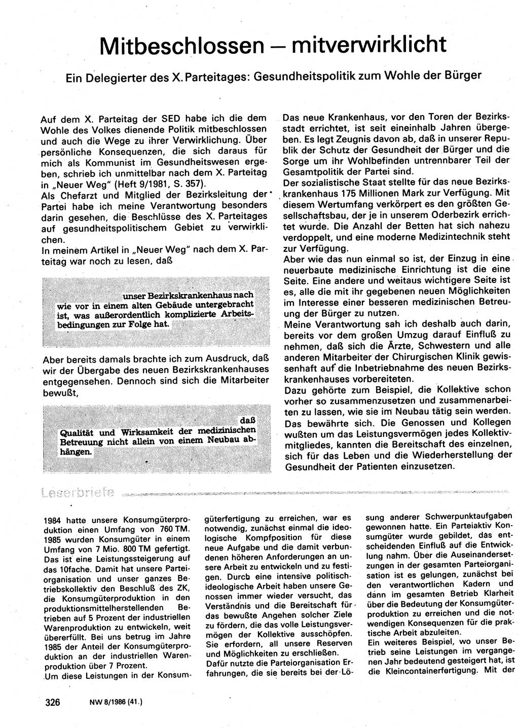 Neuer Weg (NW), Organ des Zentralkomitees (ZK) der SED (Sozialistische Einheitspartei Deutschlands) für Fragen des Parteilebens, 41. Jahrgang [Deutsche Demokratische Republik (DDR)] 1986, Seite 326 (NW ZK SED DDR 1986, S. 326)