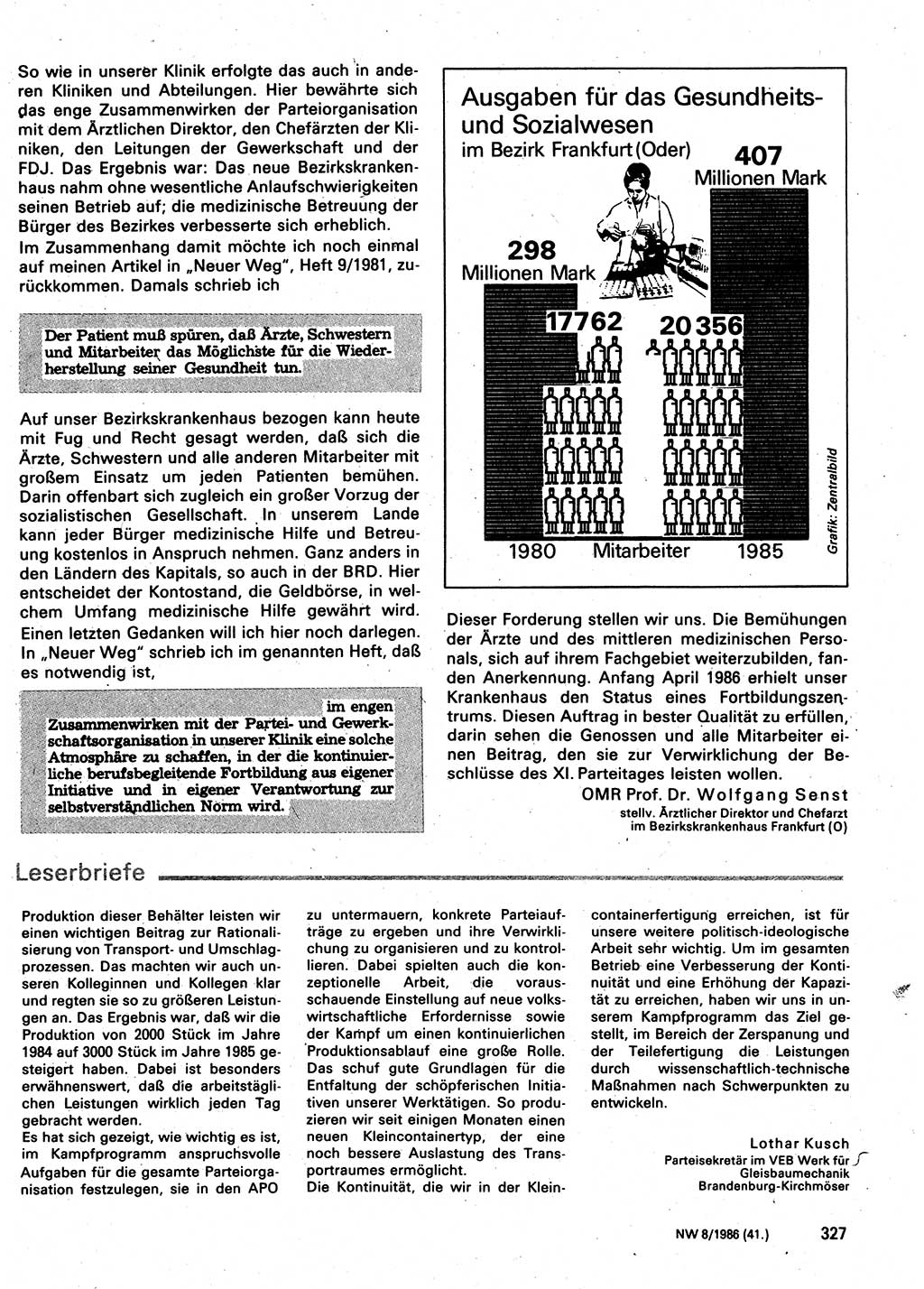 Neuer Weg (NW), Organ des Zentralkomitees (ZK) der SED (Sozialistische Einheitspartei Deutschlands) für Fragen des Parteilebens, 41. Jahrgang [Deutsche Demokratische Republik (DDR)] 1986, Seite 327 (NW ZK SED DDR 1986, S. 327)