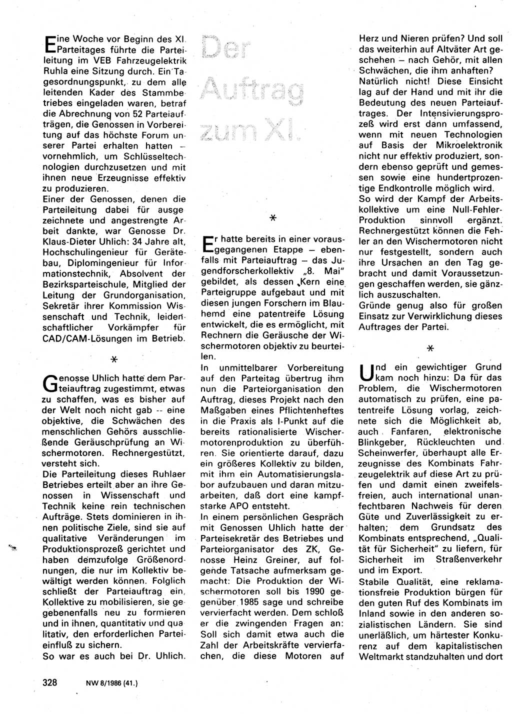 Neuer Weg (NW), Organ des Zentralkomitees (ZK) der SED (Sozialistische Einheitspartei Deutschlands) für Fragen des Parteilebens, 41. Jahrgang [Deutsche Demokratische Republik (DDR)] 1986, Seite 328 (NW ZK SED DDR 1986, S. 328)