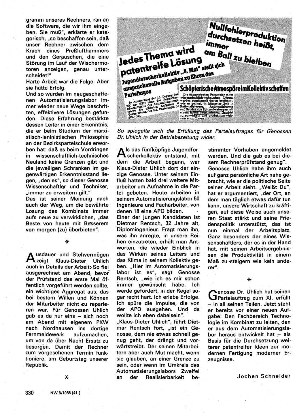 Neuer Weg (NW), Organ des Zentralkomitees (ZK) der SED (Sozialistische Einheitspartei Deutschlands) für Fragen des Parteilebens, 41. Jahrgang [Deutsche Demokratische Republik (DDR)] 1986, Seite 330 (NW ZK SED DDR 1986, S. 330)