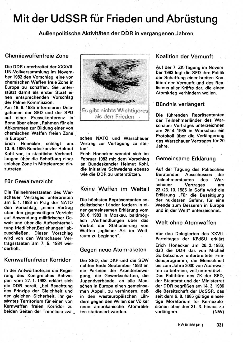 Neuer Weg (NW), Organ des Zentralkomitees (ZK) der SED (Sozialistische Einheitspartei Deutschlands) für Fragen des Parteilebens, 41. Jahrgang [Deutsche Demokratische Republik (DDR)] 1986, Seite 331 (NW ZK SED DDR 1986, S. 331)