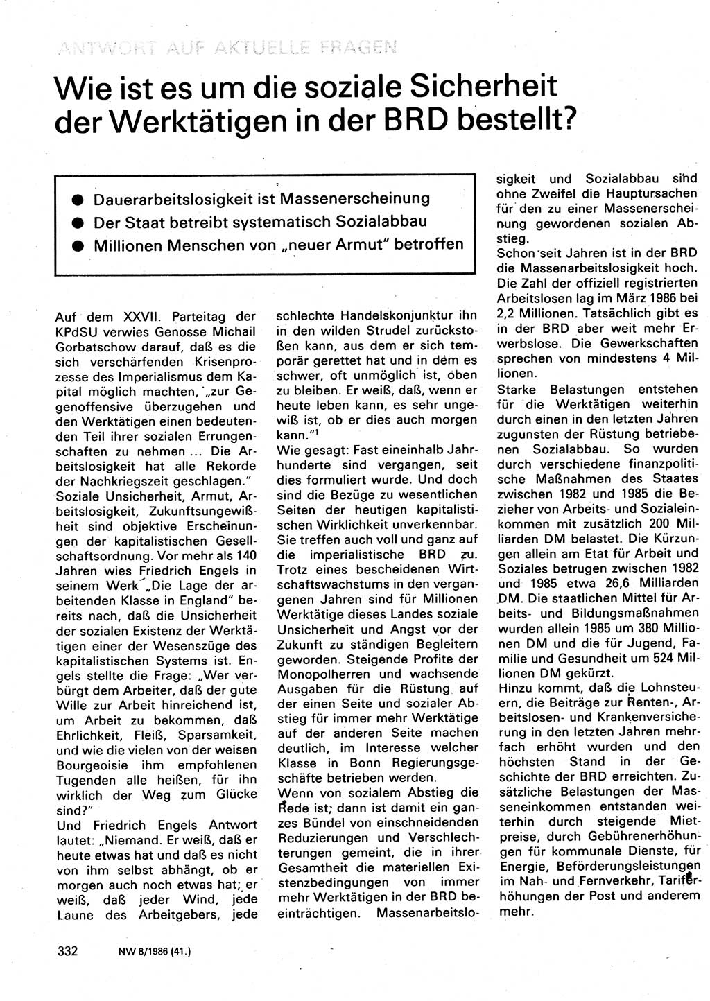 Neuer Weg (NW), Organ des Zentralkomitees (ZK) der SED (Sozialistische Einheitspartei Deutschlands) für Fragen des Parteilebens, 41. Jahrgang [Deutsche Demokratische Republik (DDR)] 1986, Seite 332 (NW ZK SED DDR 1986, S. 332)