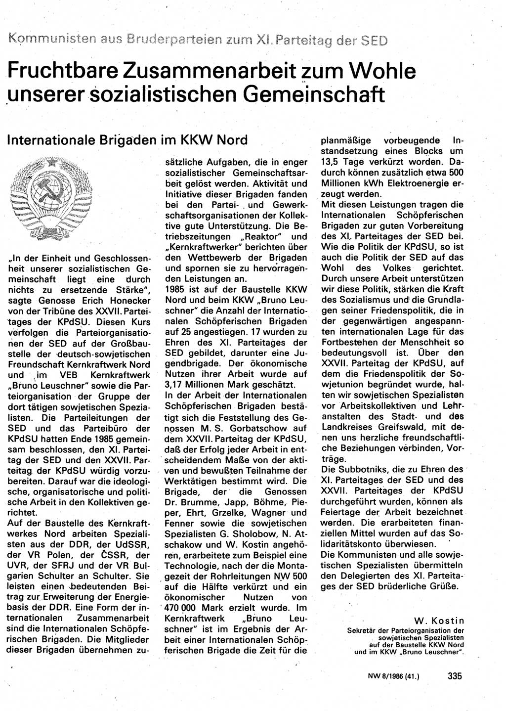 Neuer Weg (NW), Organ des Zentralkomitees (ZK) der SED (Sozialistische Einheitspartei Deutschlands) für Fragen des Parteilebens, 41. Jahrgang [Deutsche Demokratische Republik (DDR)] 1986, Seite 335 (NW ZK SED DDR 1986, S. 335)