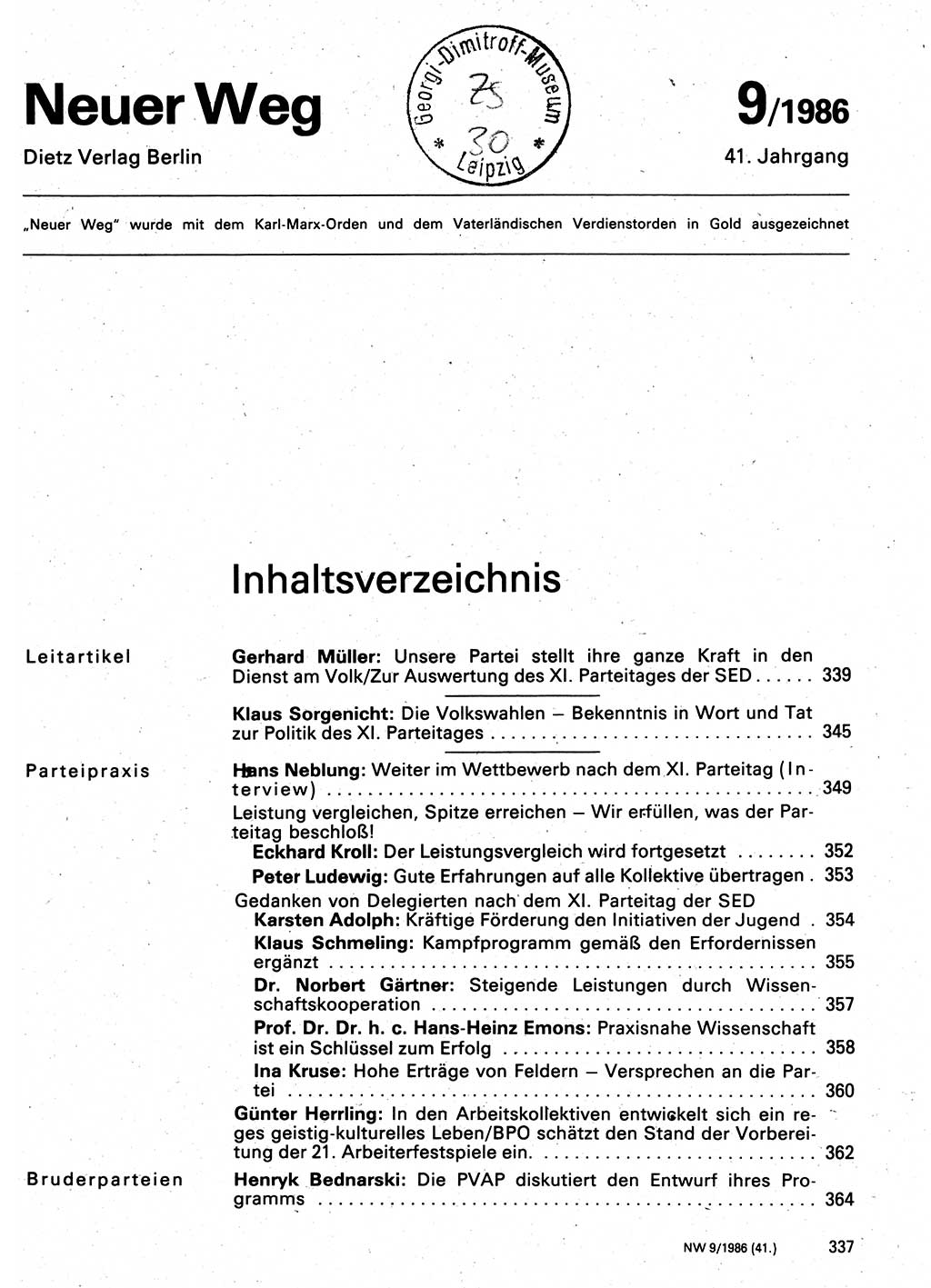 Neuer Weg (NW), Organ des Zentralkomitees (ZK) der SED (Sozialistische Einheitspartei Deutschlands) für Fragen des Parteilebens, 41. Jahrgang [Deutsche Demokratische Republik (DDR)] 1986, Seite 337 (NW ZK SED DDR 1986, S. 337)