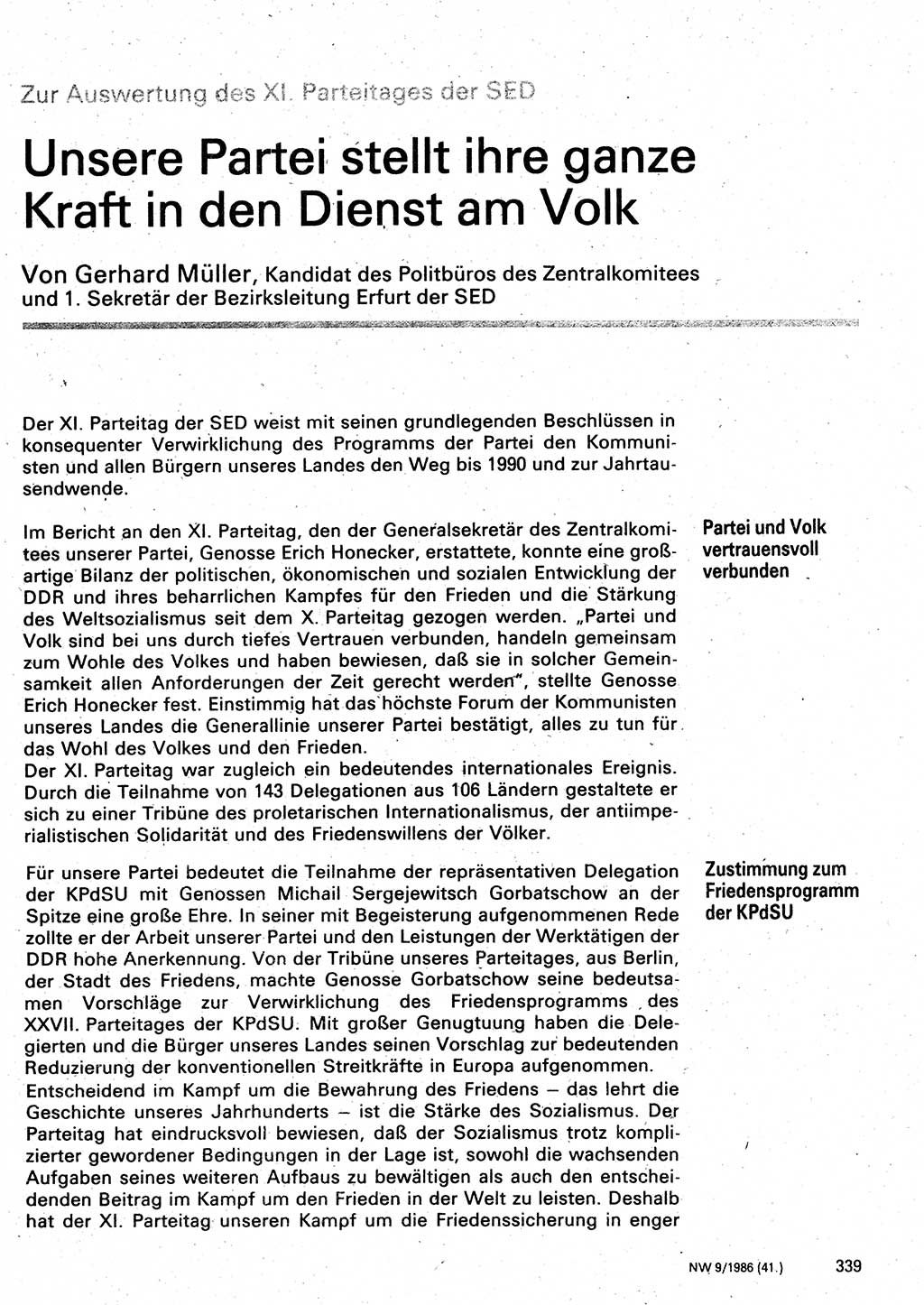 Neuer Weg (NW), Organ des Zentralkomitees (ZK) der SED (Sozialistische Einheitspartei Deutschlands) für Fragen des Parteilebens, 41. Jahrgang [Deutsche Demokratische Republik (DDR)] 1986, Seite 339 (NW ZK SED DDR 1986, S. 339)
