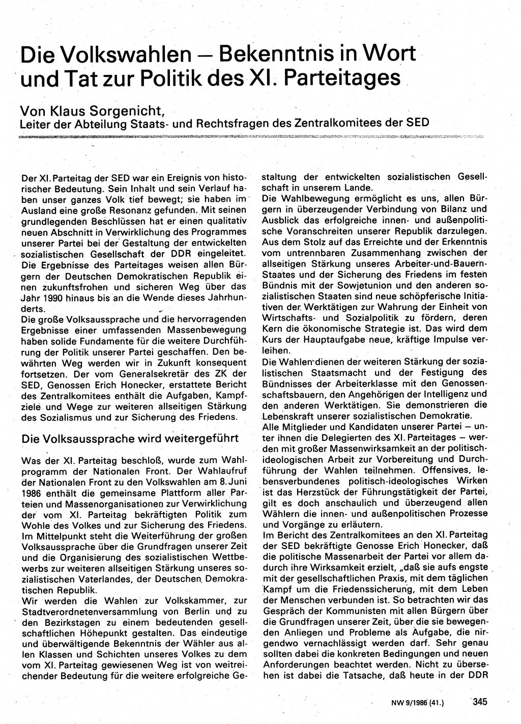 Neuer Weg (NW), Organ des Zentralkomitees (ZK) der SED (Sozialistische Einheitspartei Deutschlands) für Fragen des Parteilebens, 41. Jahrgang [Deutsche Demokratische Republik (DDR)] 1986, Seite 345 (NW ZK SED DDR 1986, S. 345)