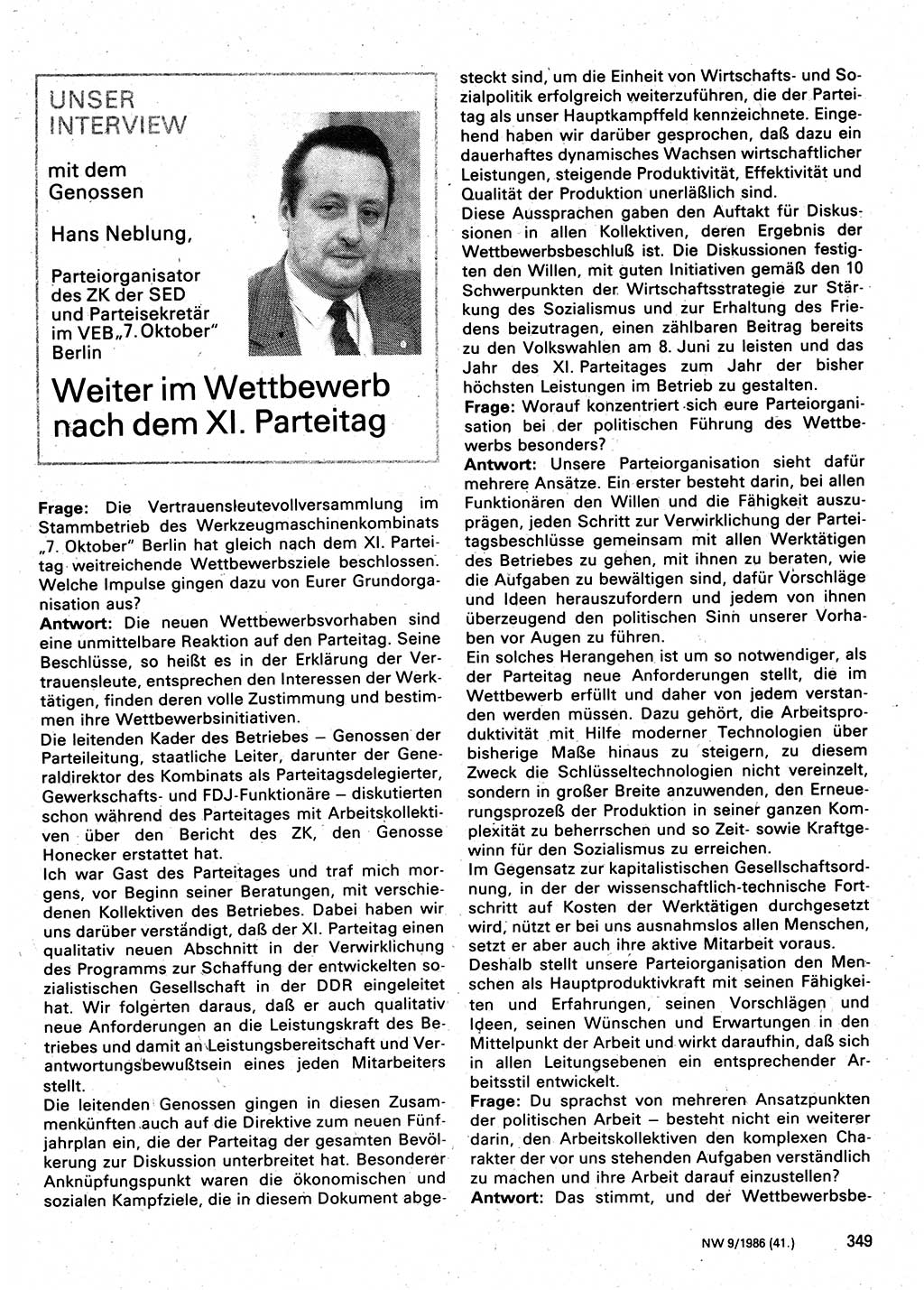Neuer Weg (NW), Organ des Zentralkomitees (ZK) der SED (Sozialistische Einheitspartei Deutschlands) für Fragen des Parteilebens, 41. Jahrgang [Deutsche Demokratische Republik (DDR)] 1986, Seite 349 (NW ZK SED DDR 1986, S. 349)