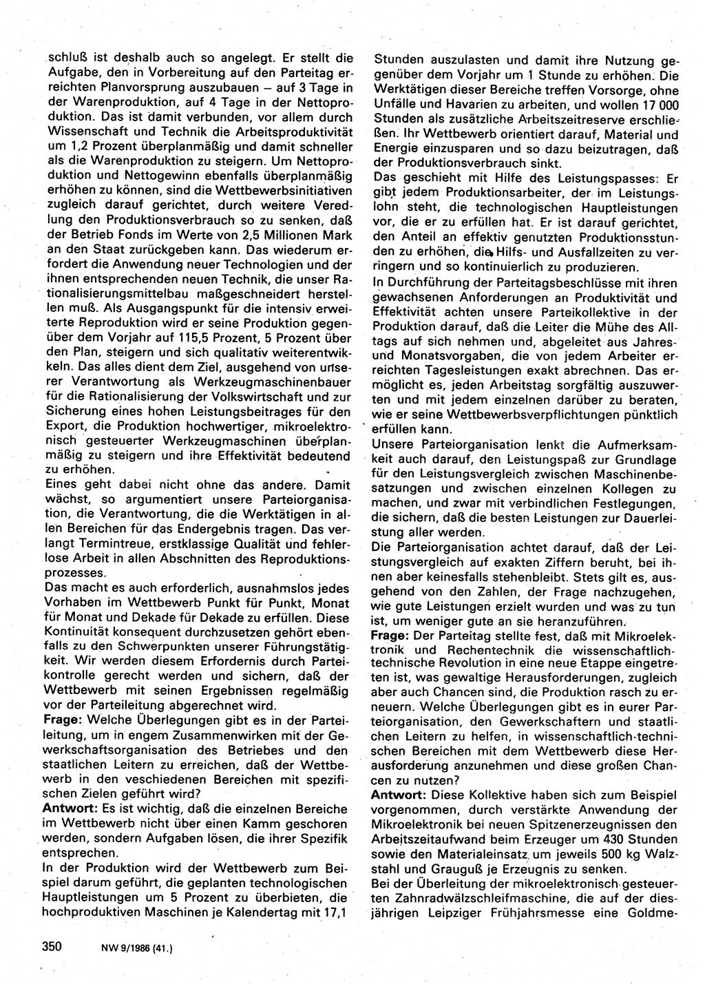 Neuer Weg (NW), Organ des Zentralkomitees (ZK) der SED (Sozialistische Einheitspartei Deutschlands) für Fragen des Parteilebens, 41. Jahrgang [Deutsche Demokratische Republik (DDR)] 1986, Seite 350 (NW ZK SED DDR 1986, S. 350)