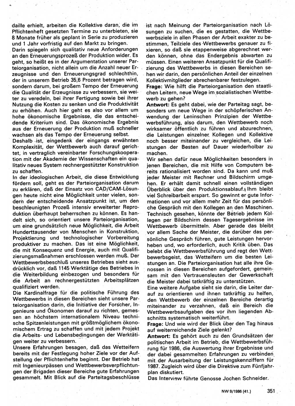 Neuer Weg (NW), Organ des Zentralkomitees (ZK) der SED (Sozialistische Einheitspartei Deutschlands) für Fragen des Parteilebens, 41. Jahrgang [Deutsche Demokratische Republik (DDR)] 1986, Seite 351 (NW ZK SED DDR 1986, S. 351)
