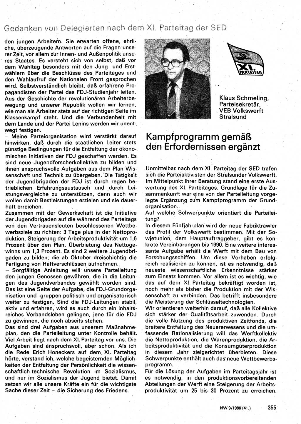 Neuer Weg (NW), Organ des Zentralkomitees (ZK) der SED (Sozialistische Einheitspartei Deutschlands) für Fragen des Parteilebens, 41. Jahrgang [Deutsche Demokratische Republik (DDR)] 1986, Seite 355 (NW ZK SED DDR 1986, S. 355)