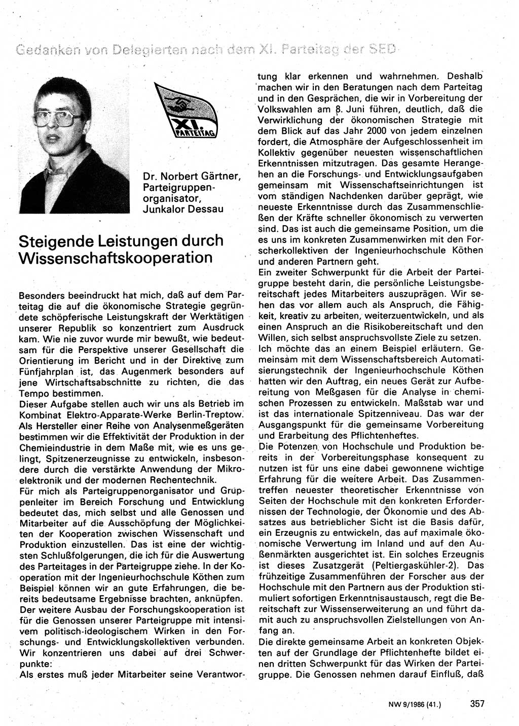 Neuer Weg (NW), Organ des Zentralkomitees (ZK) der SED (Sozialistische Einheitspartei Deutschlands) für Fragen des Parteilebens, 41. Jahrgang [Deutsche Demokratische Republik (DDR)] 1986, Seite 357 (NW ZK SED DDR 1986, S. 357)