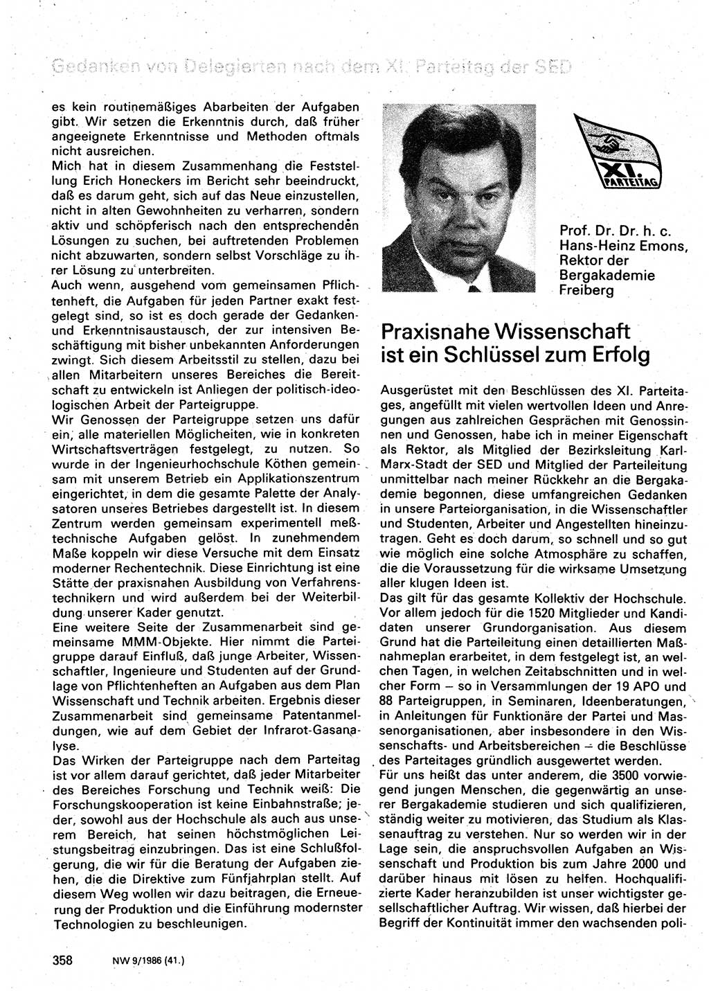 Neuer Weg (NW), Organ des Zentralkomitees (ZK) der SED (Sozialistische Einheitspartei Deutschlands) für Fragen des Parteilebens, 41. Jahrgang [Deutsche Demokratische Republik (DDR)] 1986, Seite 358 (NW ZK SED DDR 1986, S. 358)