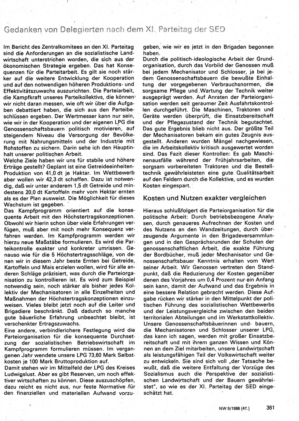 Neuer Weg (NW), Organ des Zentralkomitees (ZK) der SED (Sozialistische Einheitspartei Deutschlands) für Fragen des Parteilebens, 41. Jahrgang [Deutsche Demokratische Republik (DDR)] 1986, Seite 361 (NW ZK SED DDR 1986, S. 361)