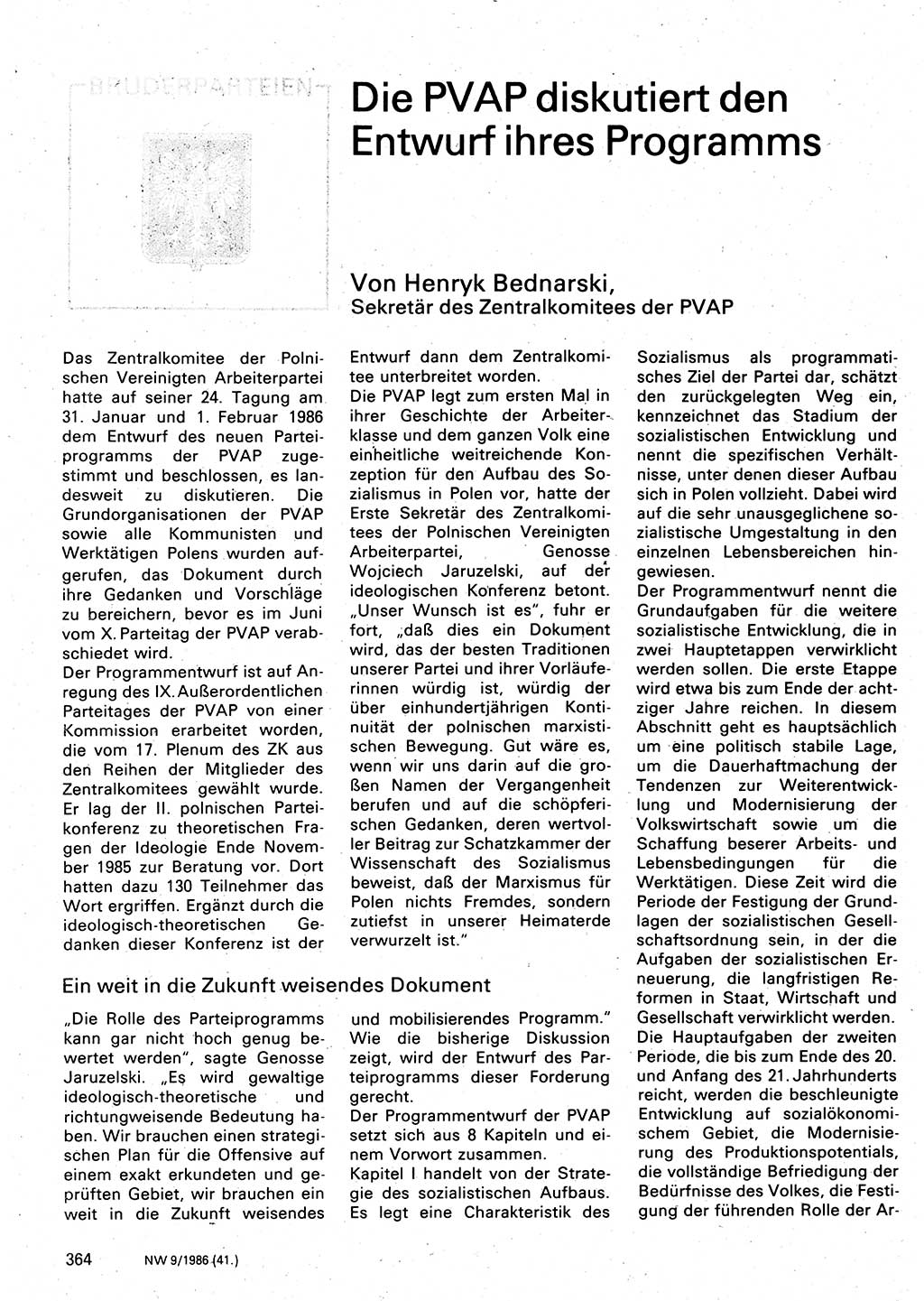 Neuer Weg (NW), Organ des Zentralkomitees (ZK) der SED (Sozialistische Einheitspartei Deutschlands) für Fragen des Parteilebens, 41. Jahrgang [Deutsche Demokratische Republik (DDR)] 1986, Seite 364 (NW ZK SED DDR 1986, S. 364)