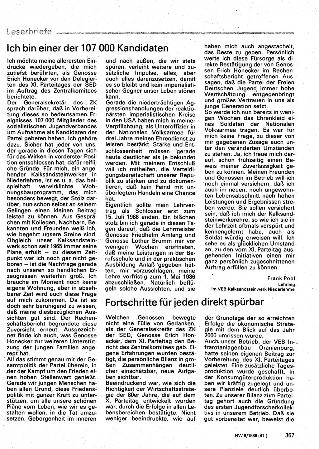 Neuer Weg (NW), Organ des Zentralkomitees (ZK) der SED (Sozialistische Einheitspartei Deutschlands) für Fragen des Parteilebens, 41. Jahrgang [Deutsche Demokratische Republik (DDR)] 1986, Seite 367 (NW ZK SED DDR 1986, S. 367)
