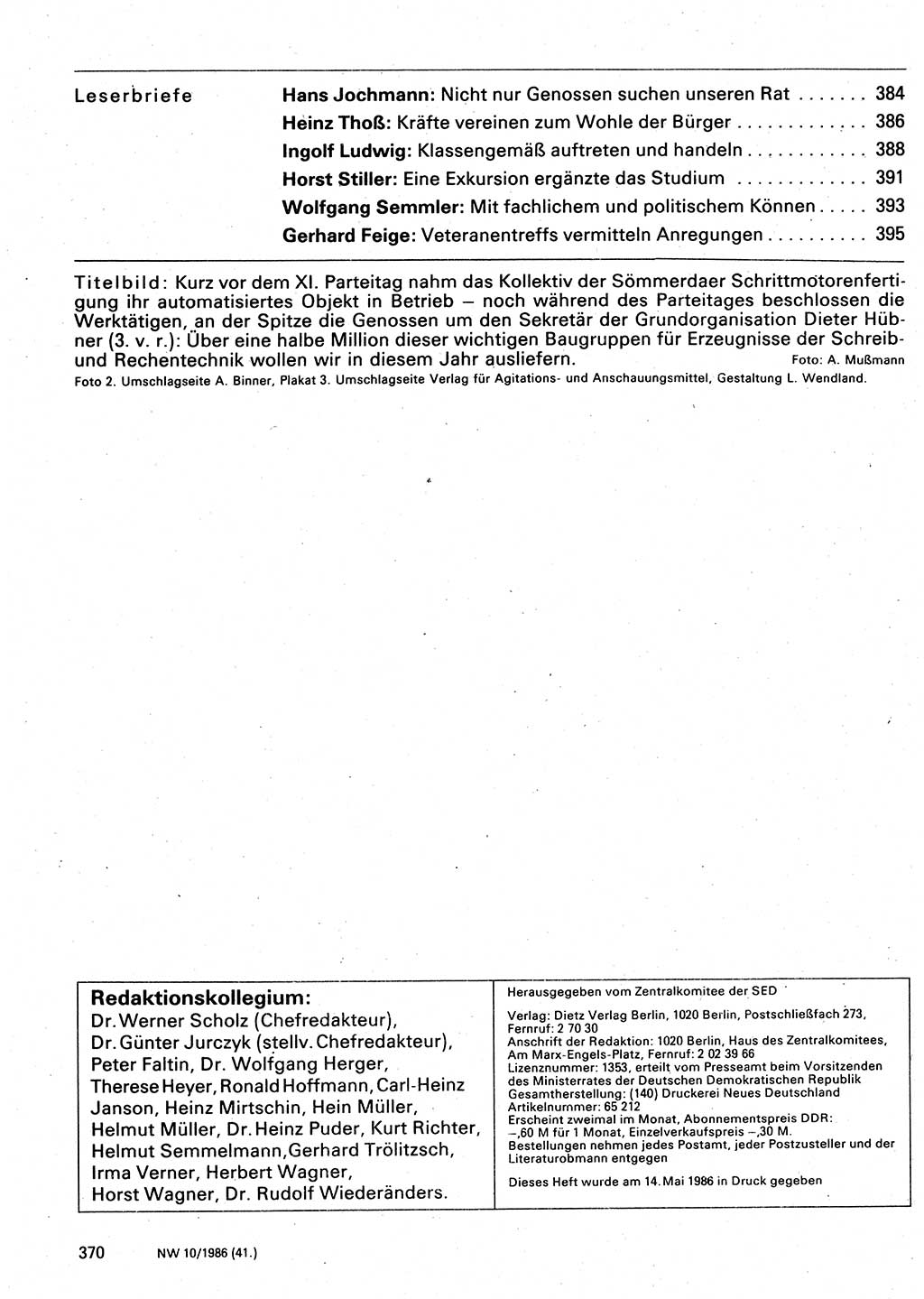 Neuer Weg (NW), Organ des Zentralkomitees (ZK) der SED (Sozialistische Einheitspartei Deutschlands) für Fragen des Parteilebens, 41. Jahrgang [Deutsche Demokratische Republik (DDR)] 1986, Seite 370 (NW ZK SED DDR 1986, S. 370)