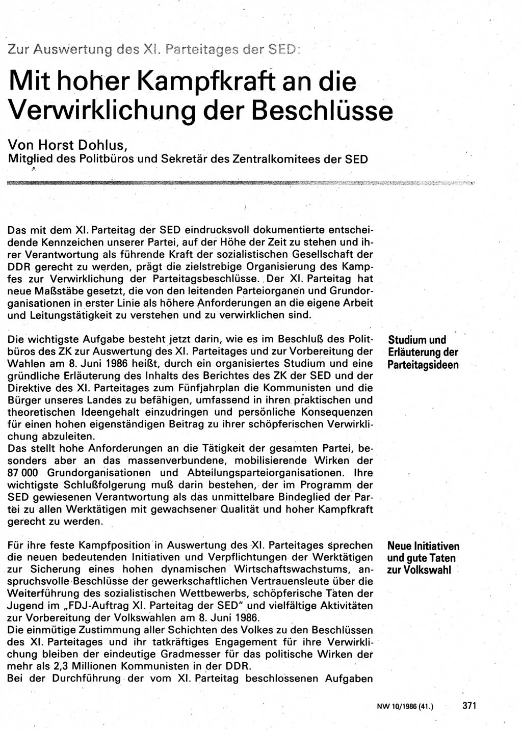 Neuer Weg (NW), Organ des Zentralkomitees (ZK) der SED (Sozialistische Einheitspartei Deutschlands) für Fragen des Parteilebens, 41. Jahrgang [Deutsche Demokratische Republik (DDR)] 1986, Seite 371 (NW ZK SED DDR 1986, S. 371)