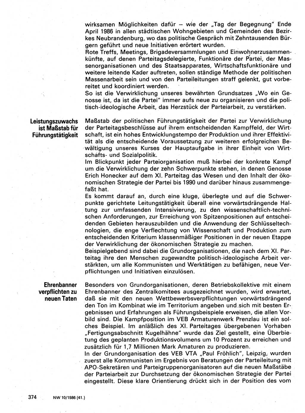 Neuer Weg (NW), Organ des Zentralkomitees (ZK) der SED (Sozialistische Einheitspartei Deutschlands) für Fragen des Parteilebens, 41. Jahrgang [Deutsche Demokratische Republik (DDR)] 1986, Seite 374 (NW ZK SED DDR 1986, S. 374)