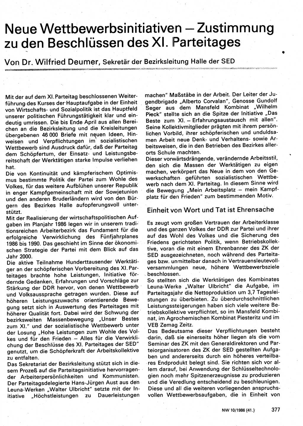 Neuer Weg (NW), Organ des Zentralkomitees (ZK) der SED (Sozialistische Einheitspartei Deutschlands) für Fragen des Parteilebens, 41. Jahrgang [Deutsche Demokratische Republik (DDR)] 1986, Seite 377 (NW ZK SED DDR 1986, S. 377)