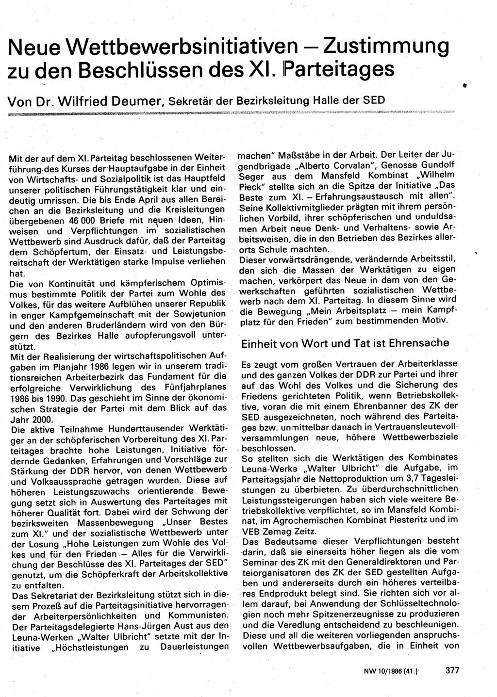 Neuer Weg (NW), Organ des Zentralkomitees (ZK) der SED (Sozialistische Einheitspartei Deutschlands) für Fragen des Parteilebens, 41. Jahrgang [Deutsche Demokratische Republik (DDR)] 1986, Seite 377 (NW ZK SED DDR 1986, S. 377)