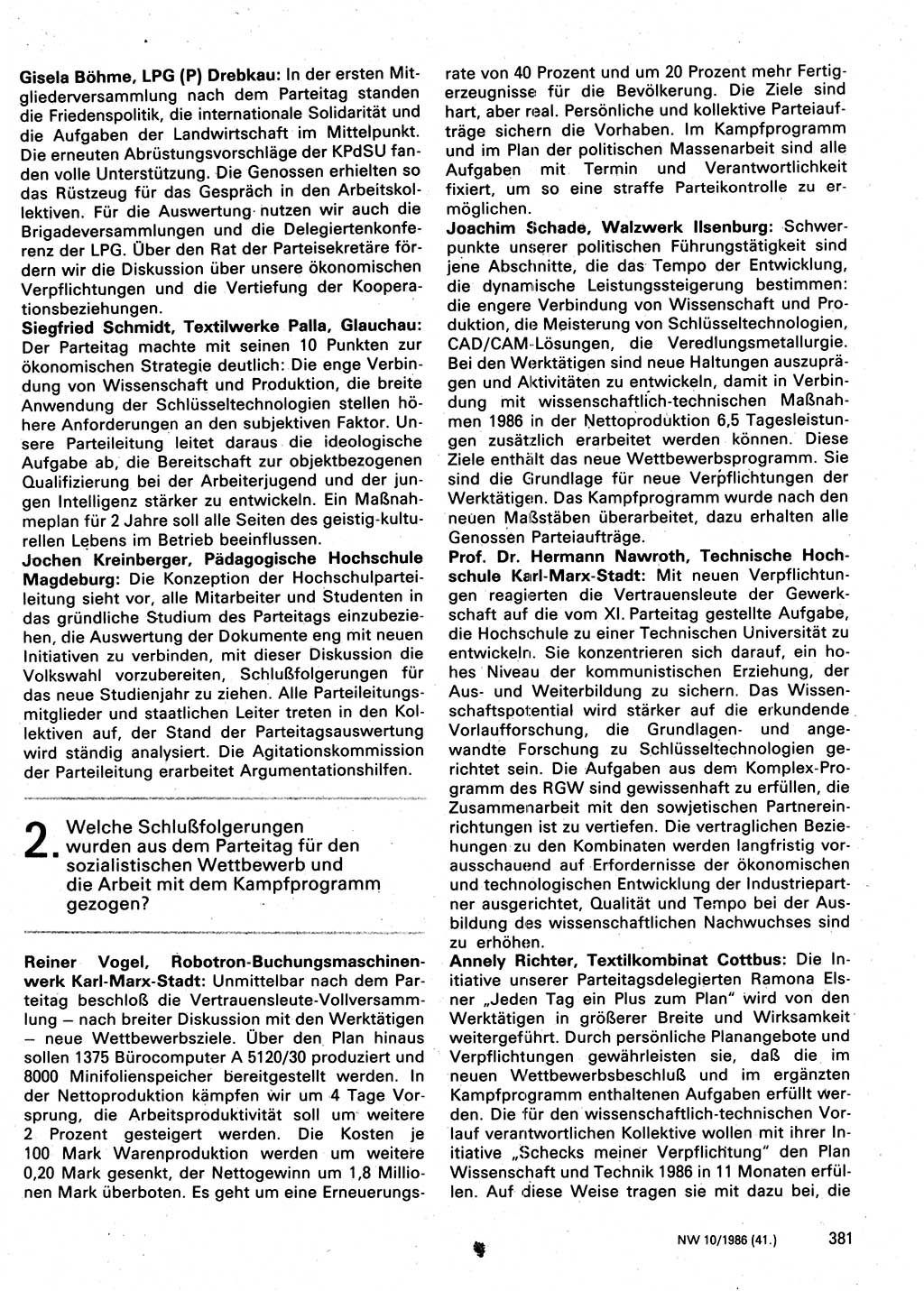 Neuer Weg (NW), Organ des Zentralkomitees (ZK) der SED (Sozialistische Einheitspartei Deutschlands) für Fragen des Parteilebens, 41. Jahrgang [Deutsche Demokratische Republik (DDR)] 1986, Seite 381 (NW ZK SED DDR 1986, S. 381)